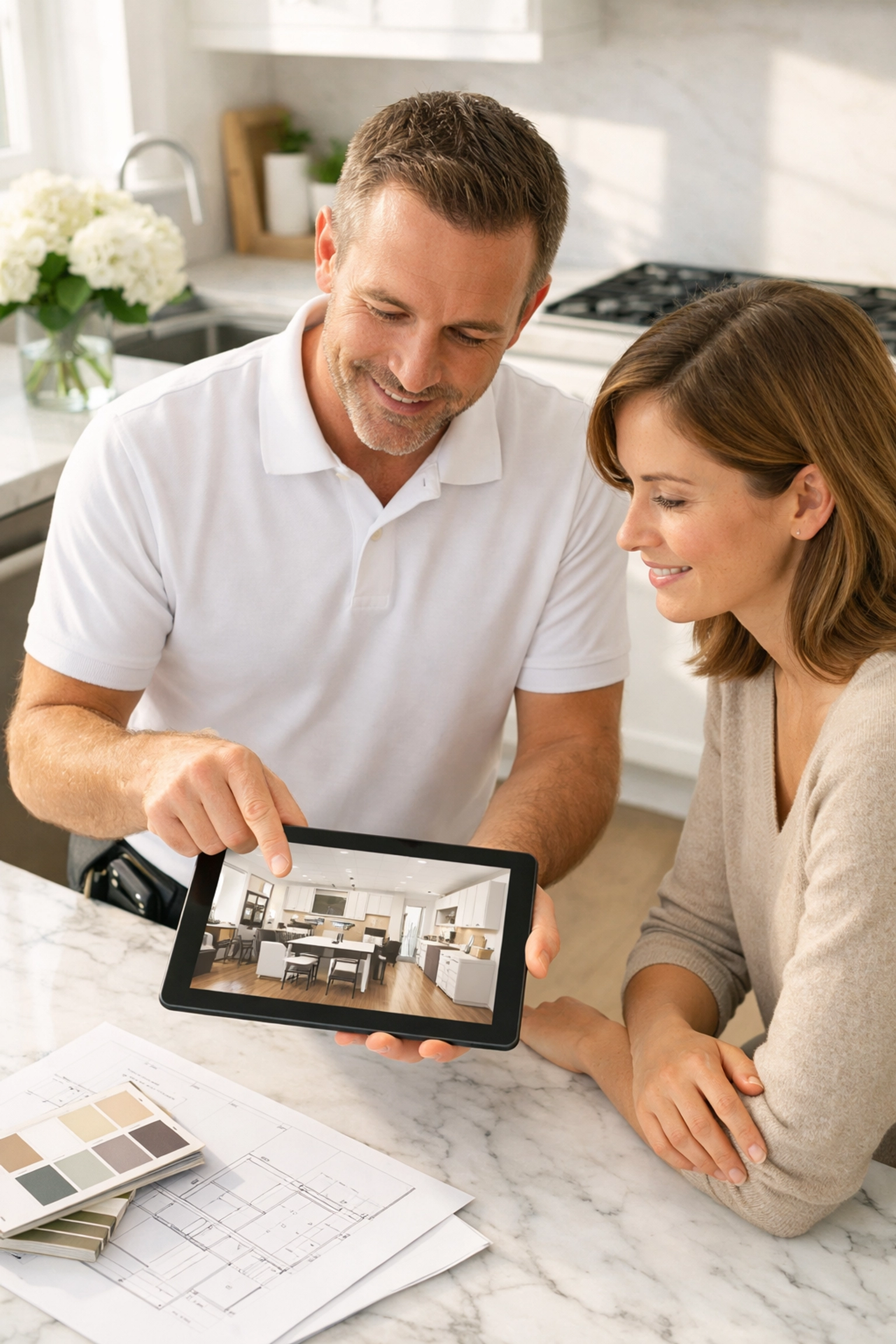 An Orlando remodeling expert discussing 3D kitchen designs with a homeowner on a tablet.