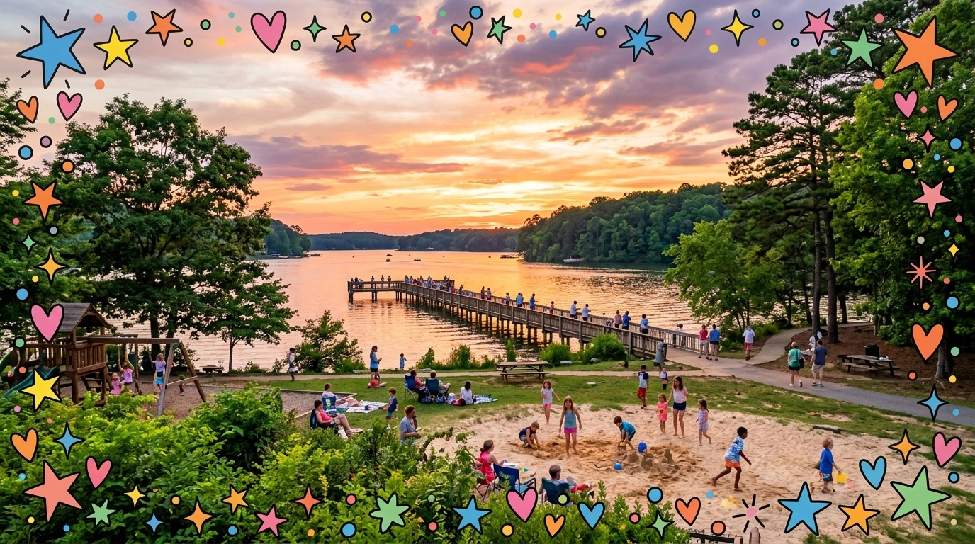 A breathtaking sunset view over Lake Acworth with families playing in Cauble Park, fishing off the pier, and vibrant greenery, bordered by playful hand-drawn star and heart frame accents.