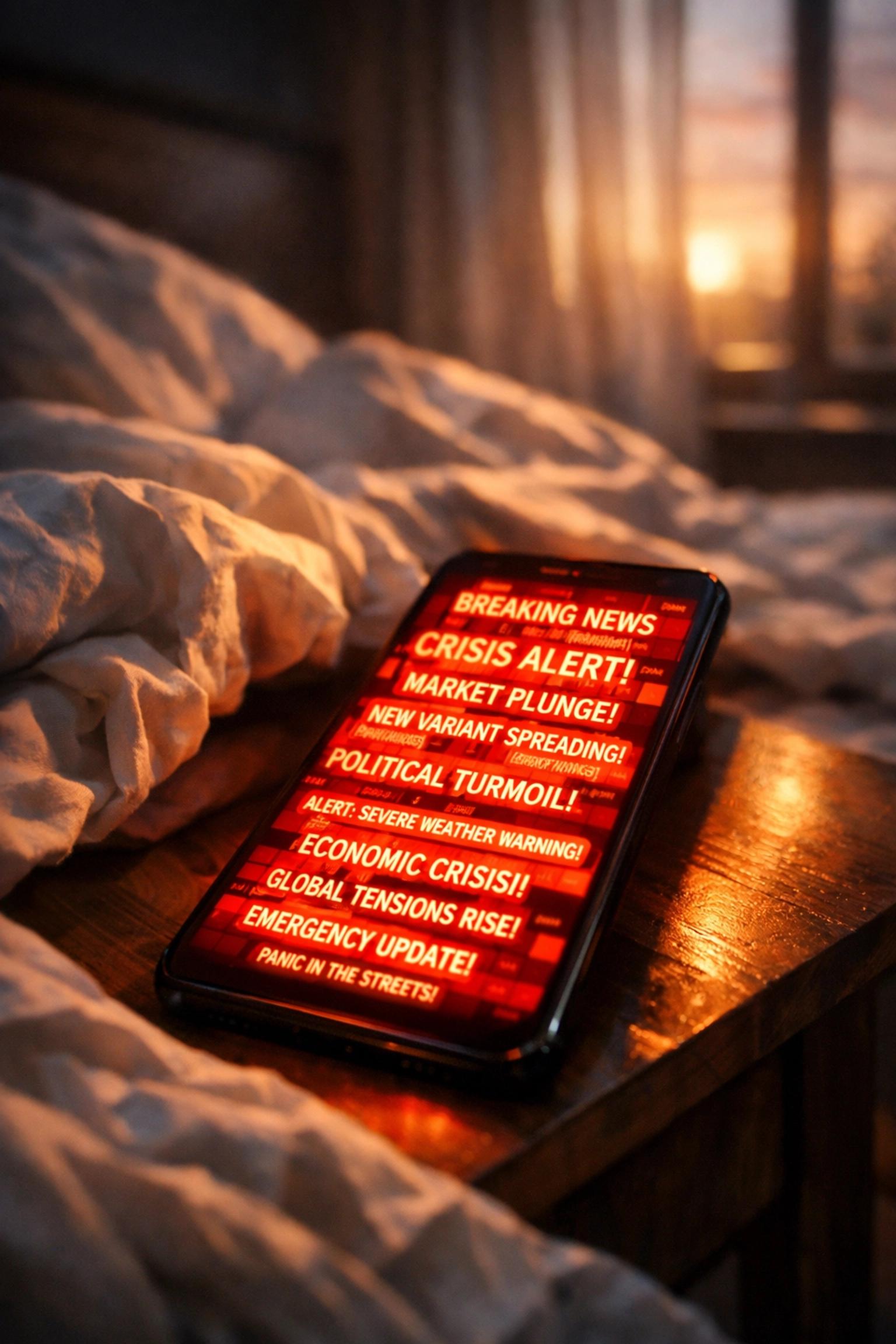 Smartphone with overwhelming news notifications on bedside table causing morning anxiety