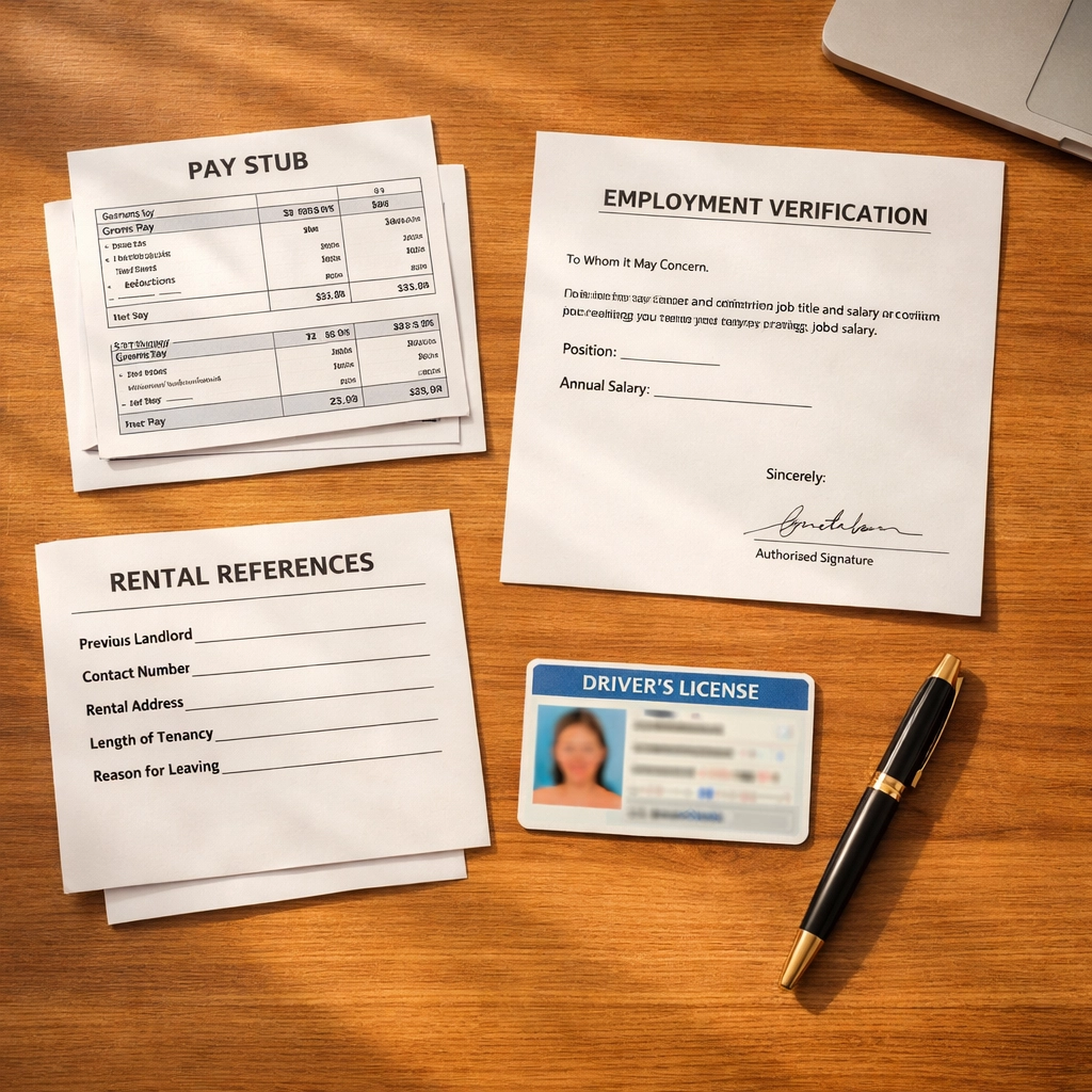 Organized apartment application documents including pay stubs and rental references on desk