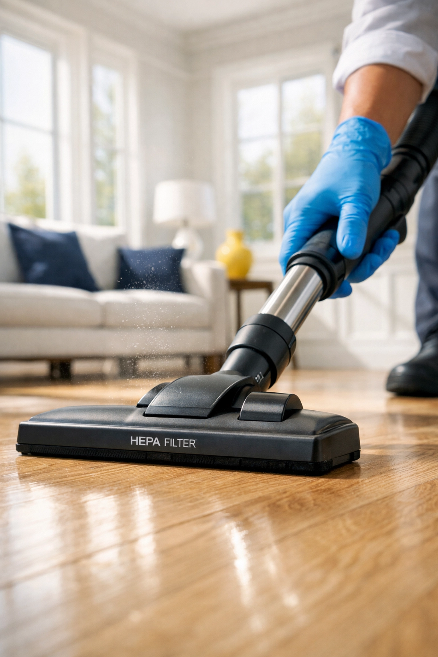 Professional HEPA vacuuming of hardwood floors during post construction cleaning in a Boxborough home.
