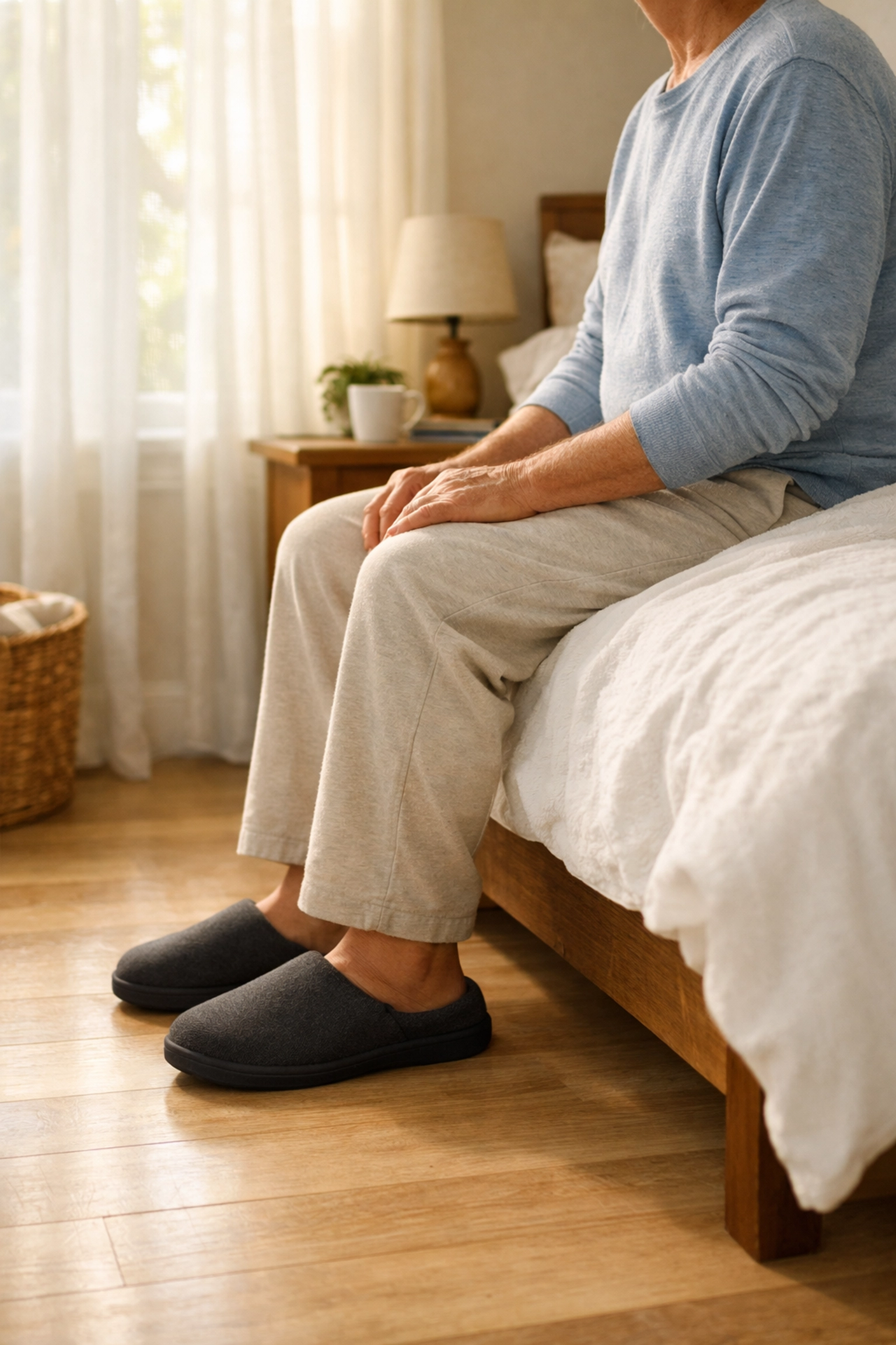 A senior sitting on the edge of a bed wearing supportive, non-slip slippers to prevent falls.