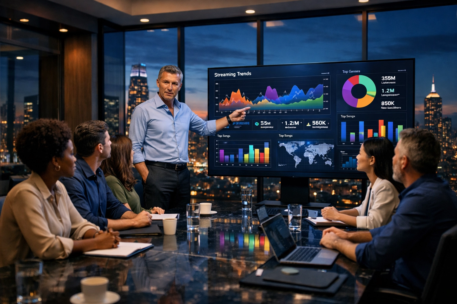 Veteran-led Tunes On Top team analyzing digital music charts and brand partnership data in a modern boardroom