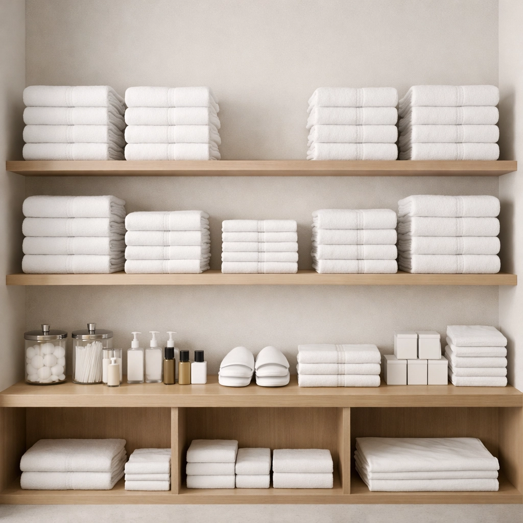 Organized hotel linen closet featuring stacked white towels for smart inventory tracking.