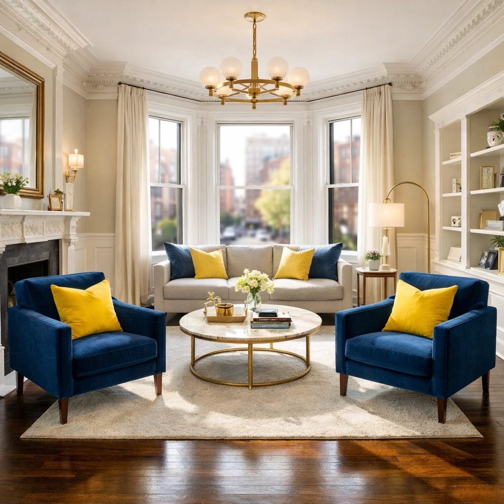 Pristine Boston brownstone living room with hardwood floors after a thorough Boston apartment turnover.