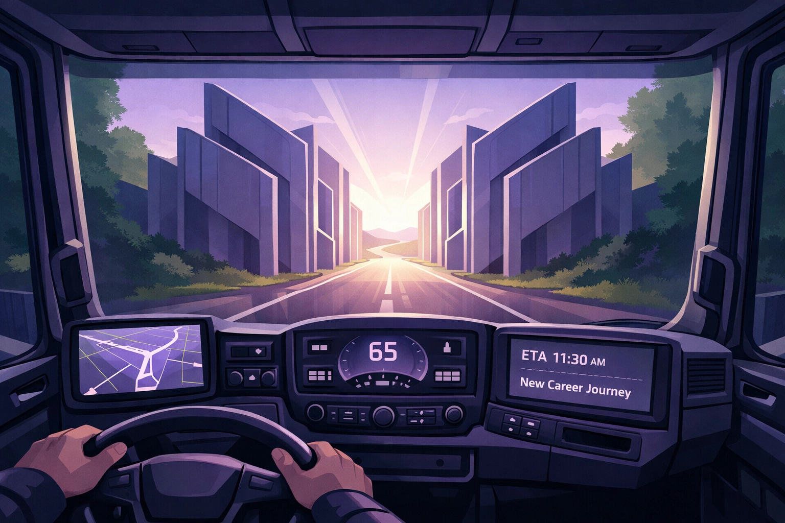 Inside an HGV cab representing new driver career opportunities in the North West.