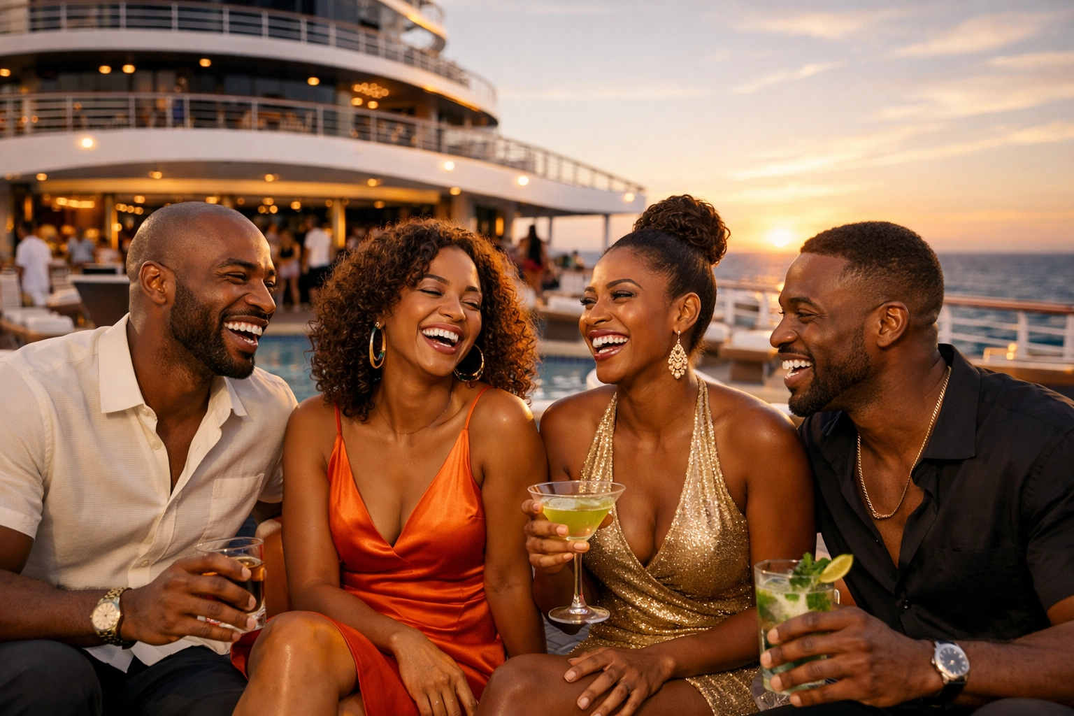 Friends on an adults-only cruise deck, expertly planned by a Lifestyle Cruises travel agent.