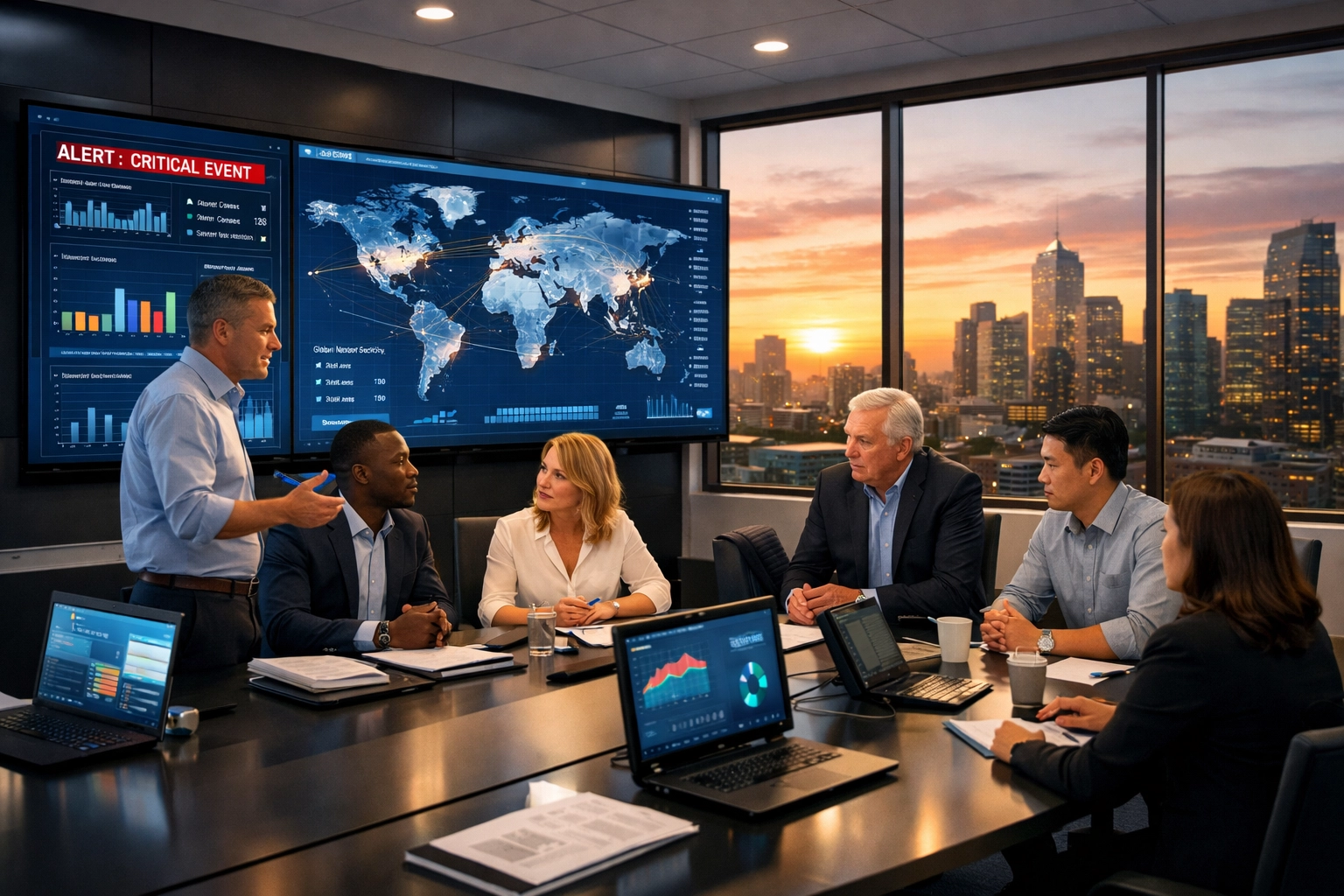 Executives in a modern corporate war room managing Super Bowl brand activation and real-time data analytics.