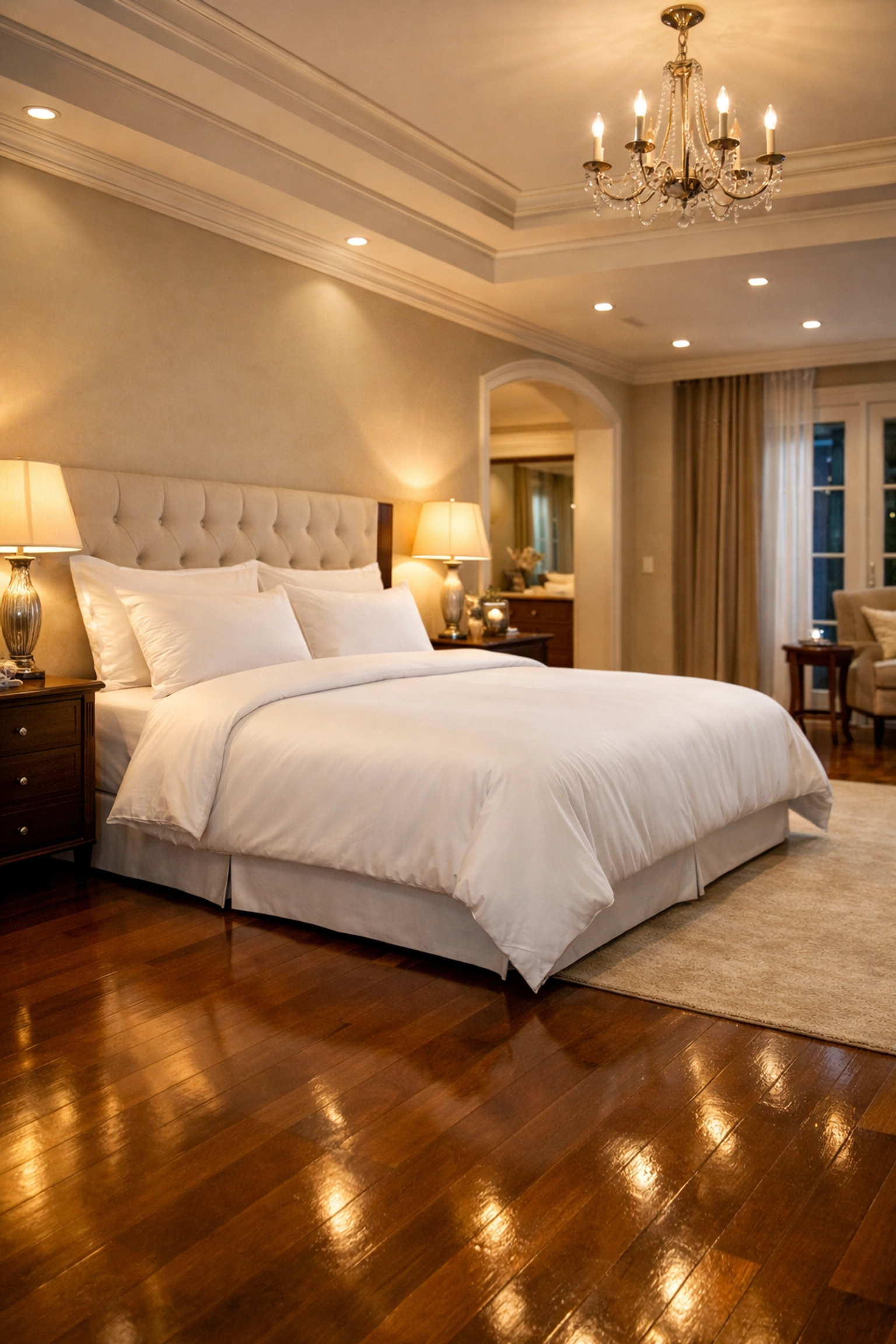 Dust-free luxury house cleaning in Shrewsbury master suite with polished hardwood and white linens.