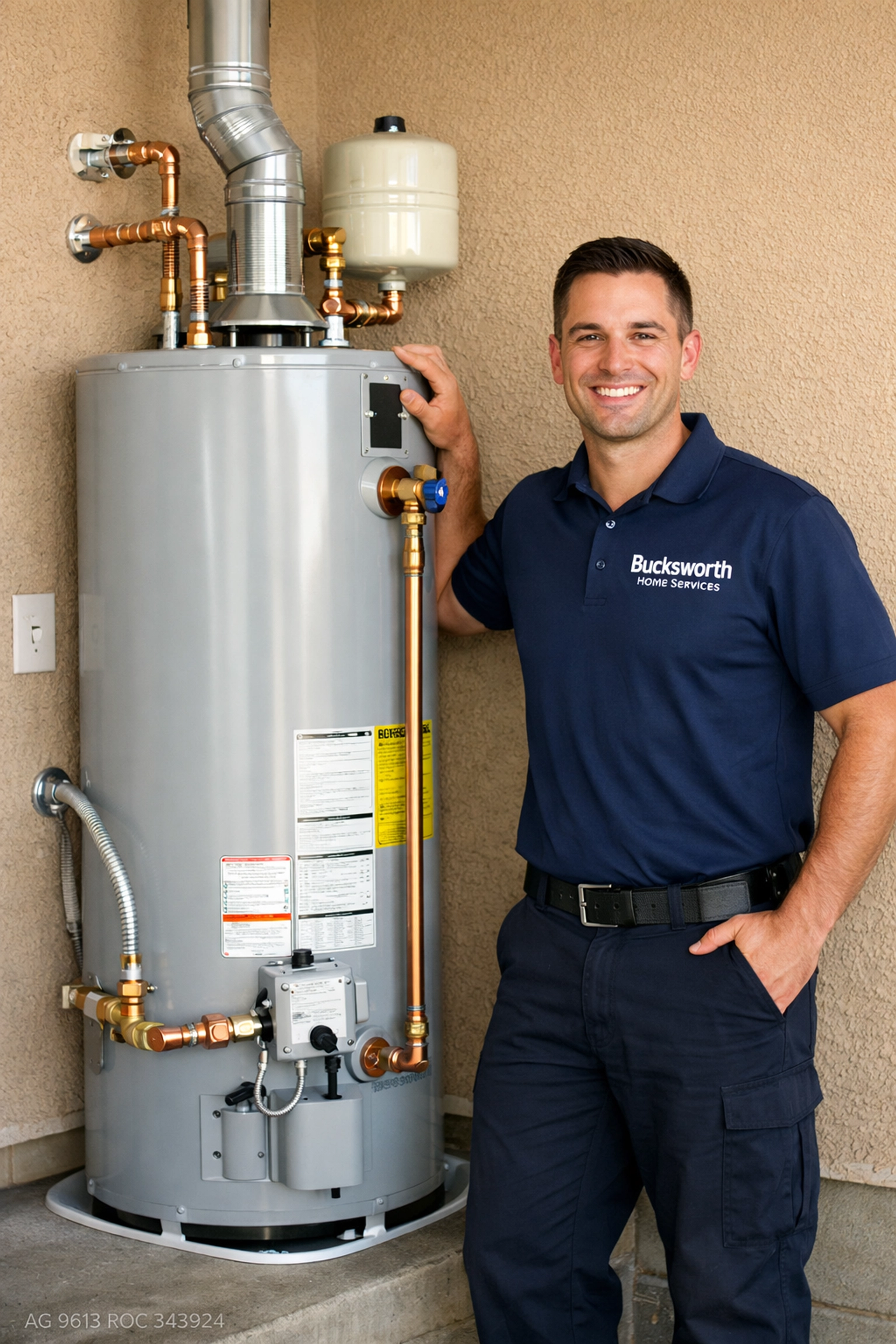 Bucksworth Home Services technician standing by a new water heater installation in a Phoenix garage.