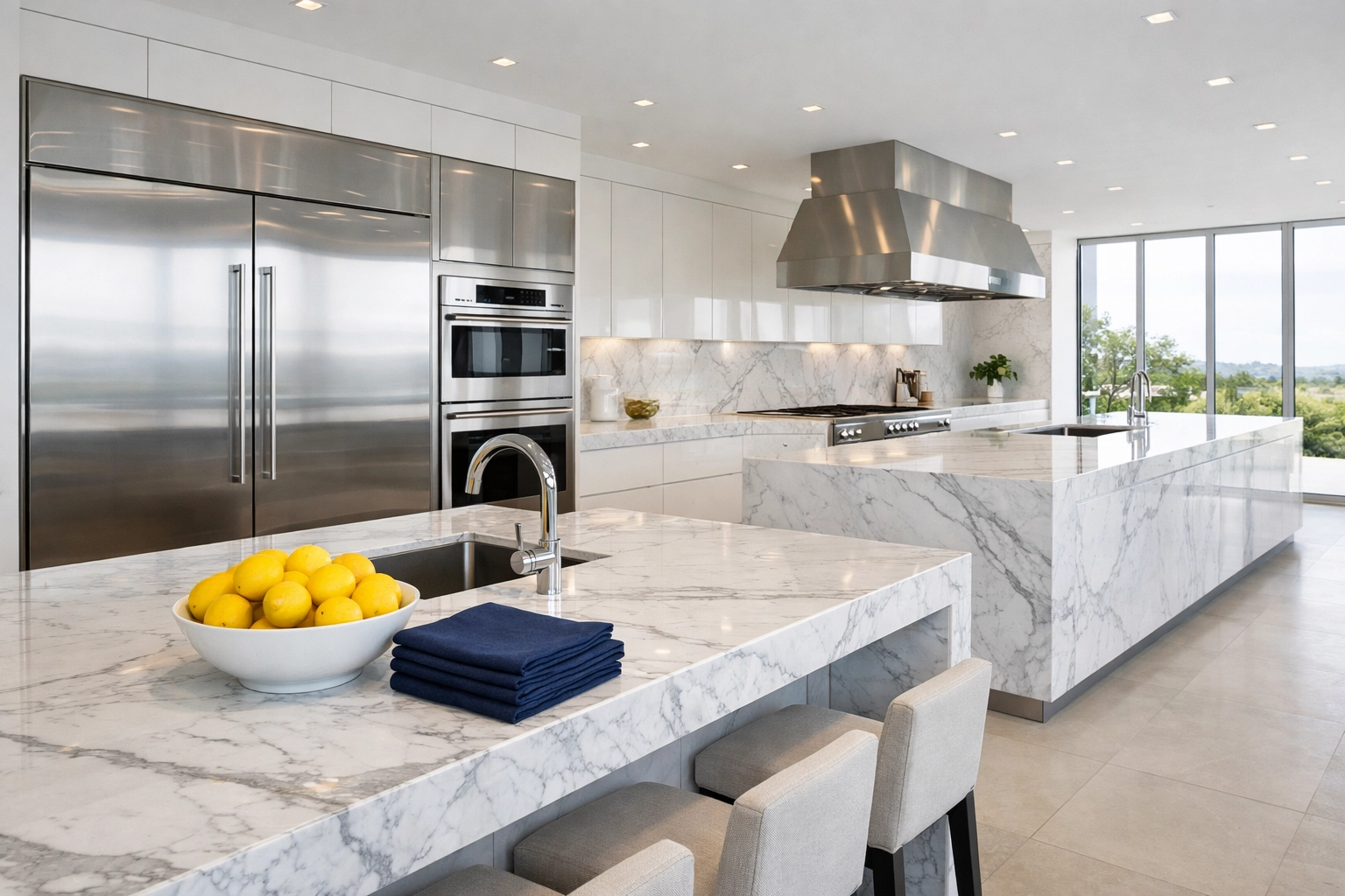 Polished marble island and clean luxury kitchen in a Dover home following residential cleaning Massachusetts.