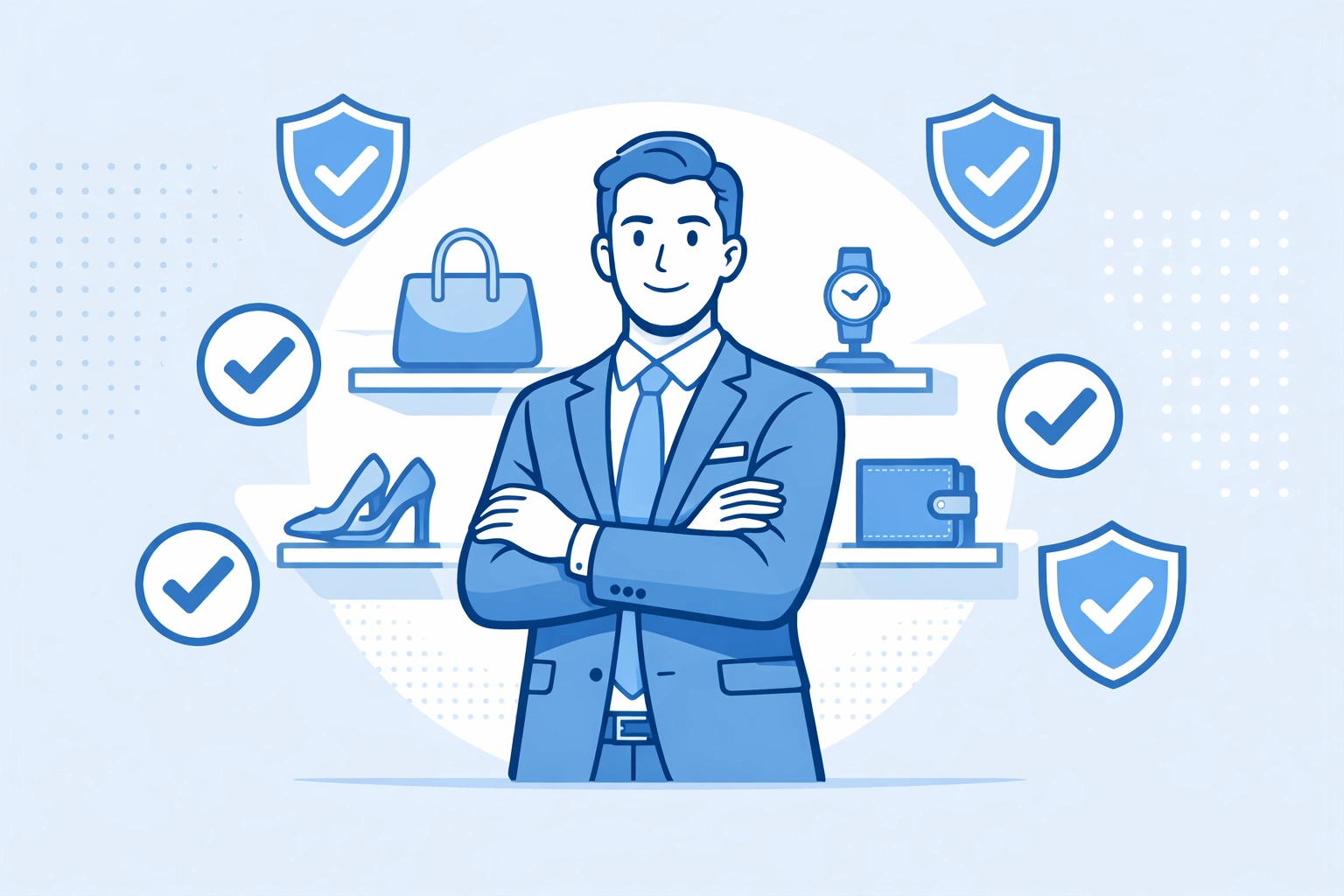 A professional business owner showcasing verified designer products with a focus on trust and security.