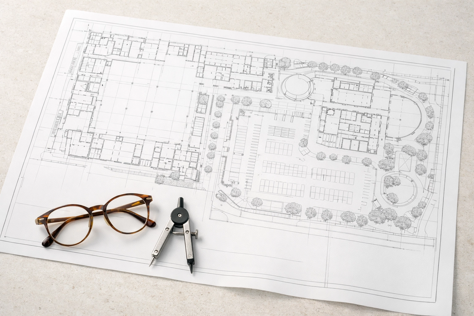 Project blueprints on a desk symbolizing the foundation of organized, clean real estate bookkeeping services.