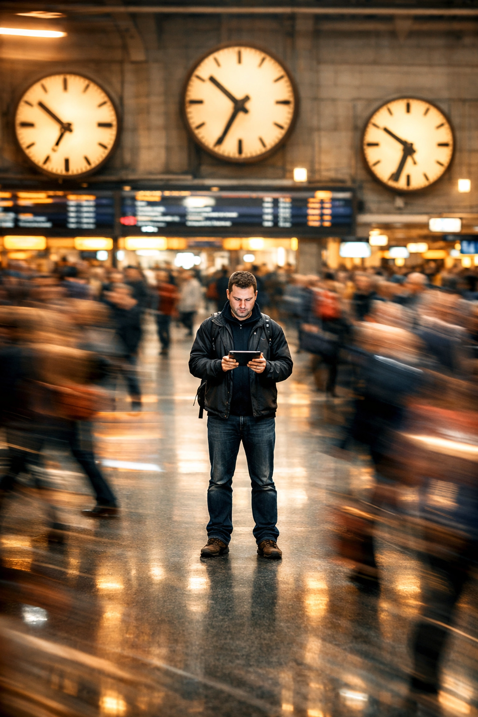 Person standing still in a blurred busy train station representing time zone stability.