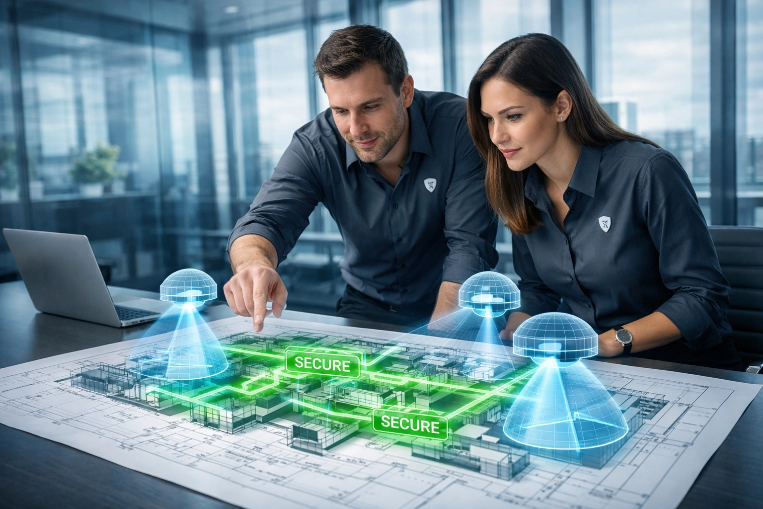 ClearPath IT experts planning a high-tech surveillance layout featuring Axis cameras for a Michigan commercial facility.