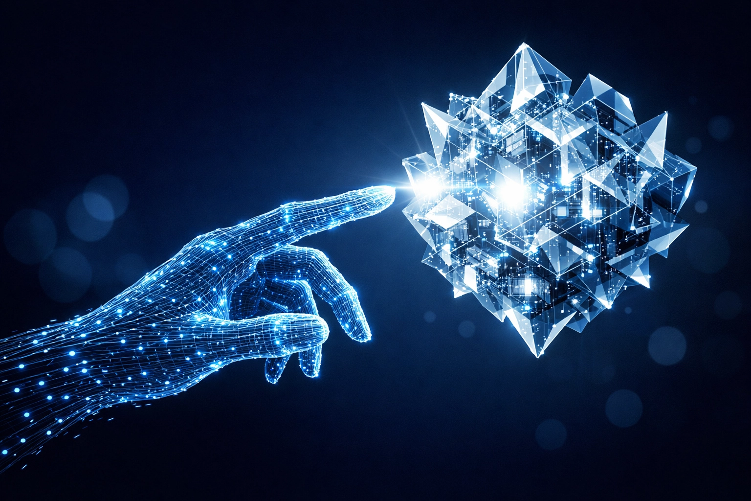 Digital hand touching a glowing data structure, representing the transition from manual work to automation.