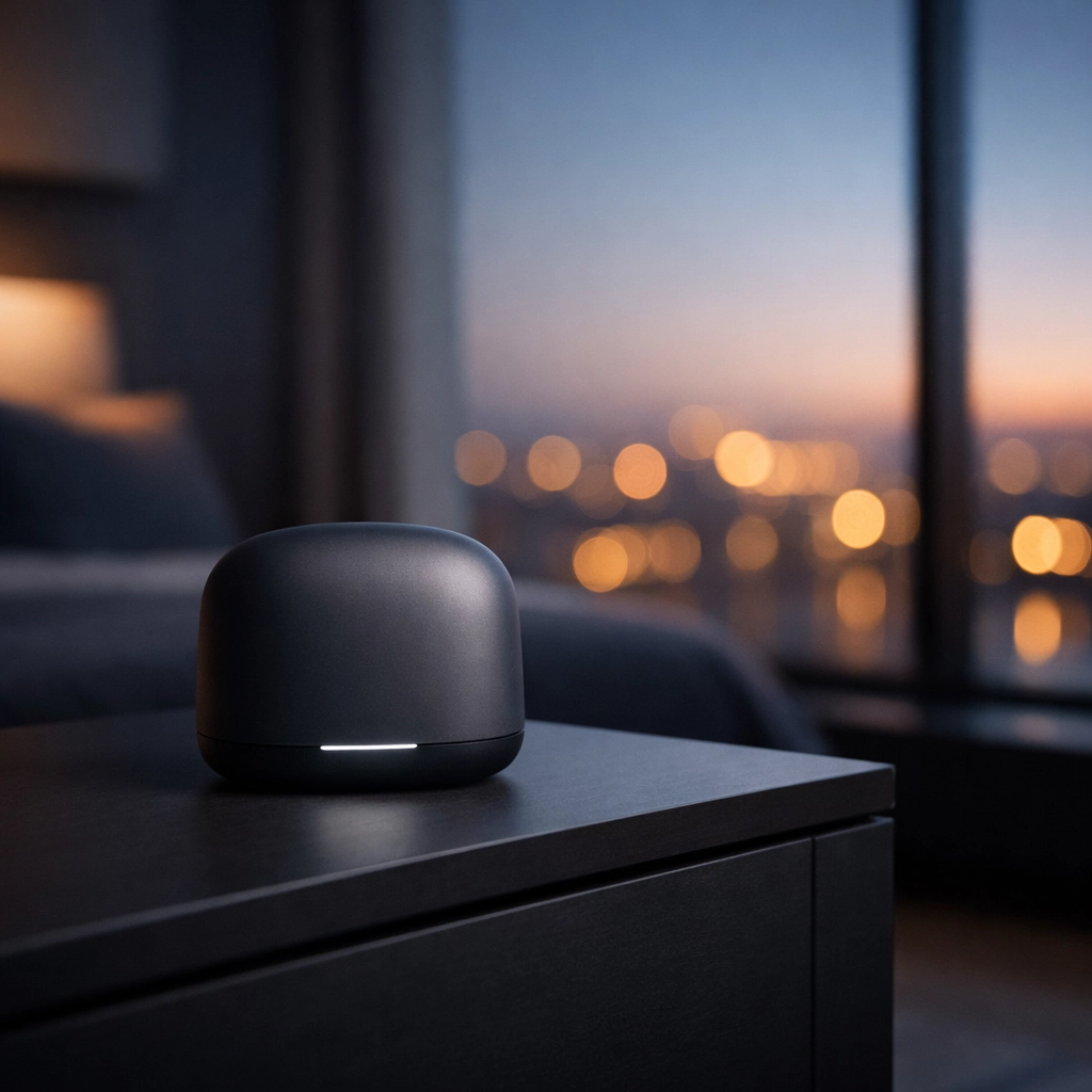 An AI-integrated smart device in a luxury hotel suite providing personalized guest services.