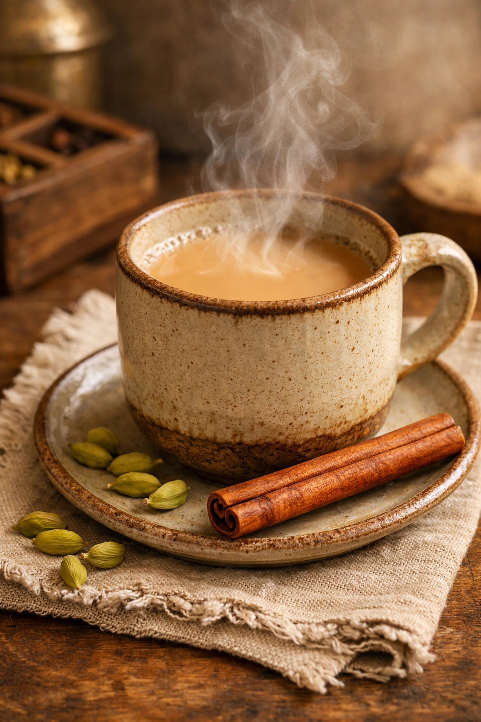 Steaming cup of masala tea served with an authentic Ceylon cinnamon quill and green cardamom pods.