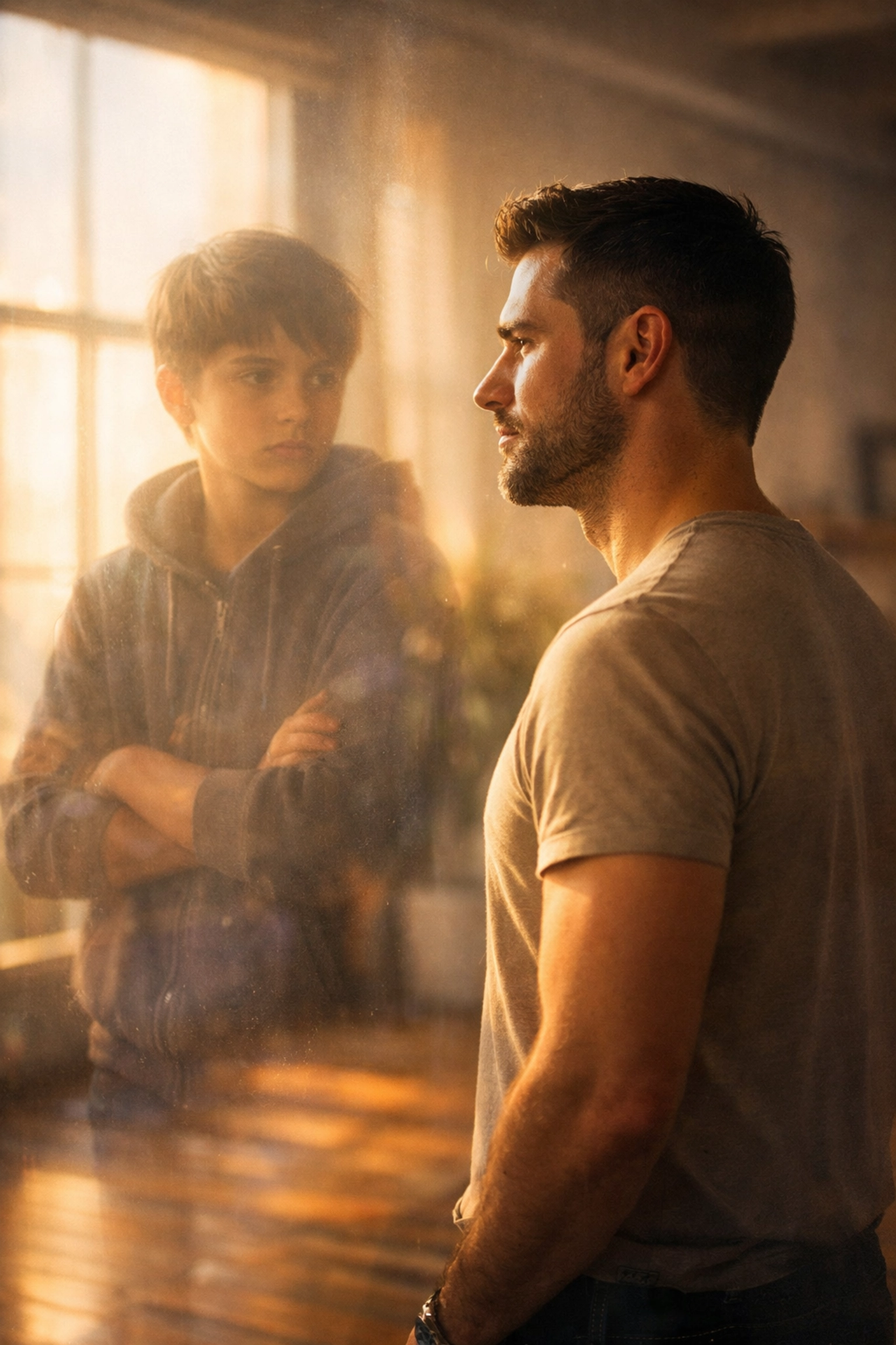 A man reflecting on his younger self, illustrating LGBTQ+ resilience and queer healing through self-compassion.