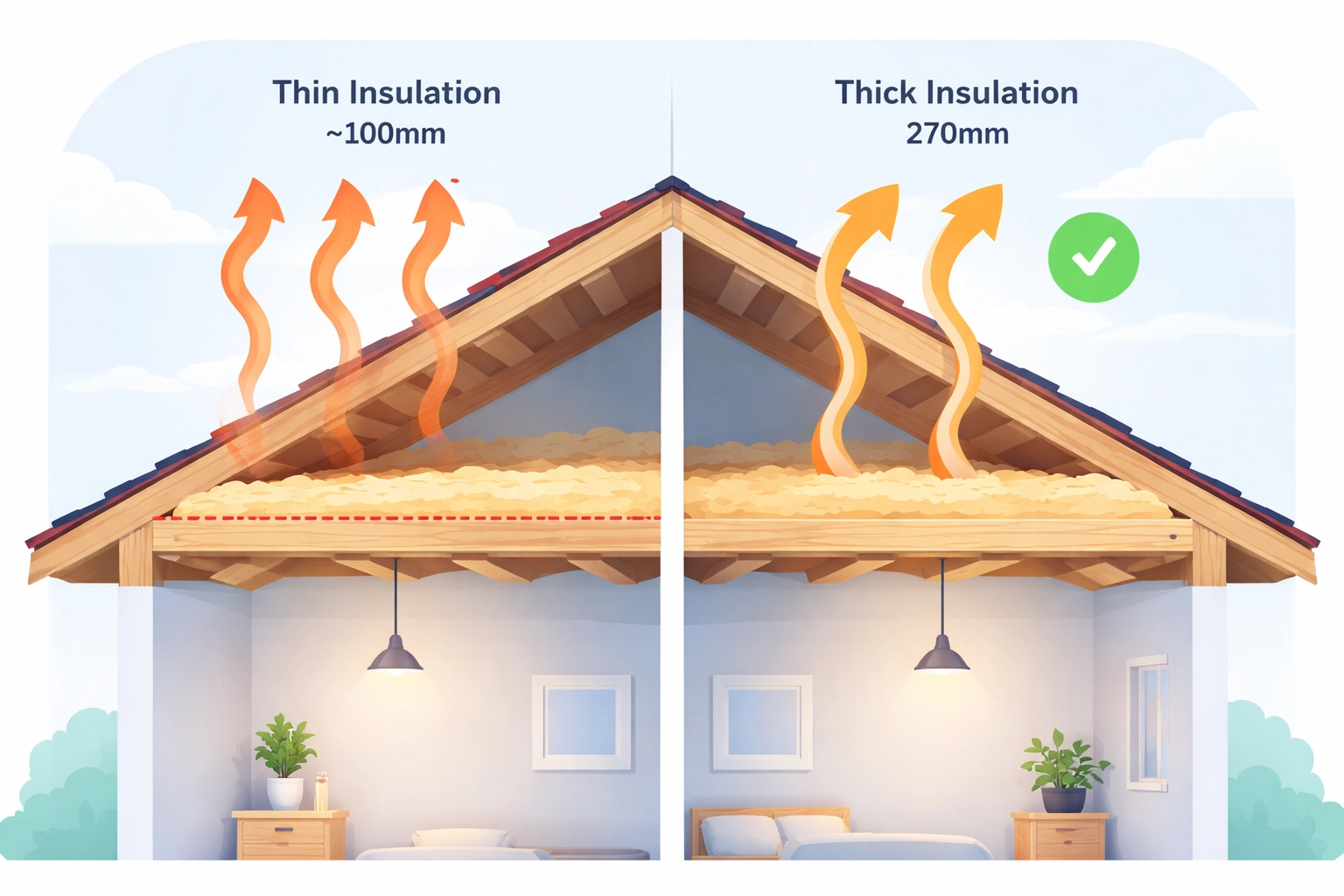 Diagram showing thin vs thick loft insulation with heat loss, illustrating why 270mm insulation stops heat escaping through the roof.