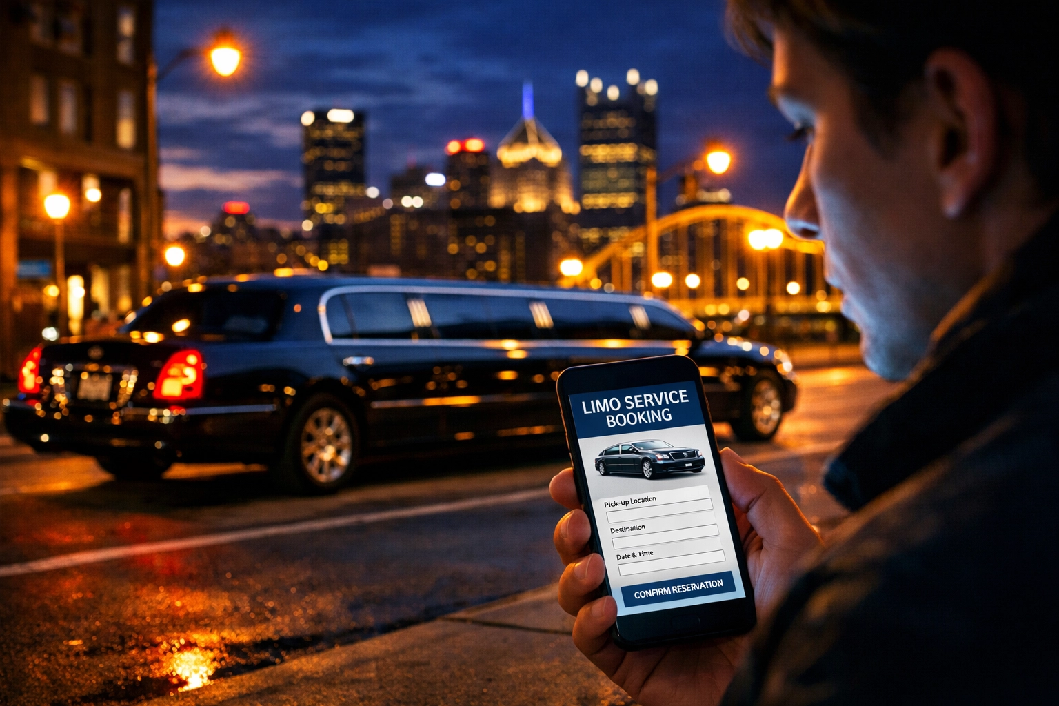 Customer booking Pittsburgh limo service online while luxury limousine waits on city street