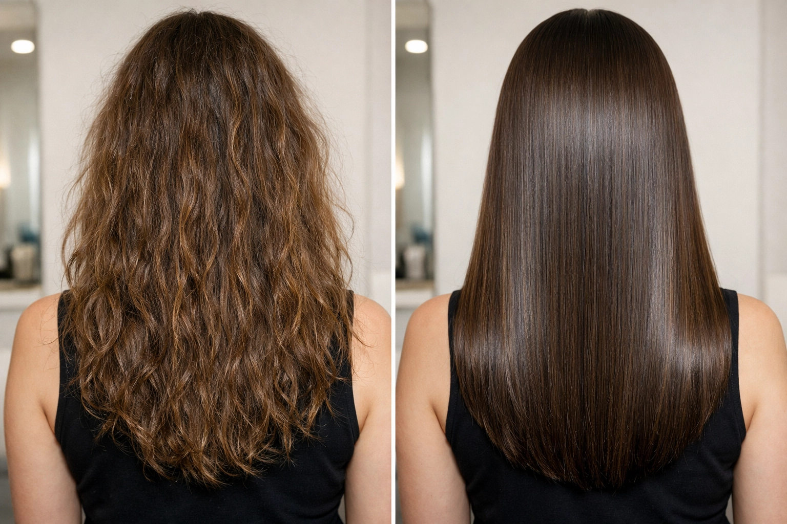 Keratin smoothing treatment results showing frizzy hair transformed into sleek, shiny hair.