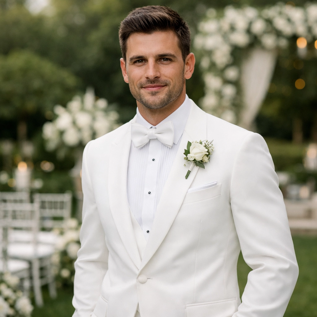 Groom wearing tailored white tuxedo at elegant outdoor garden wedding ceremony