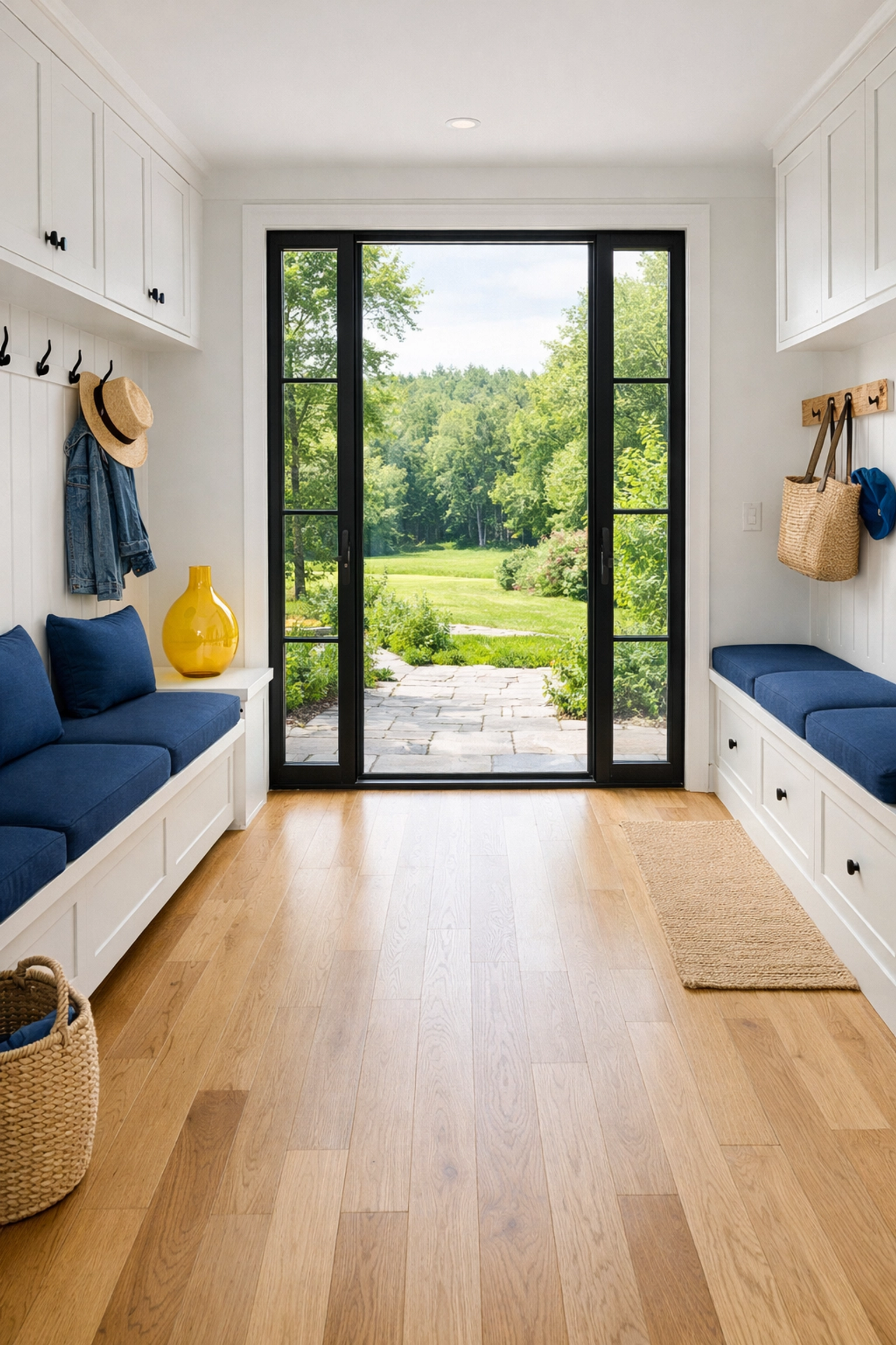 Clean Weston mudroom with hardwood floors overlooking Case Estates, maintained with eco-friendly products.