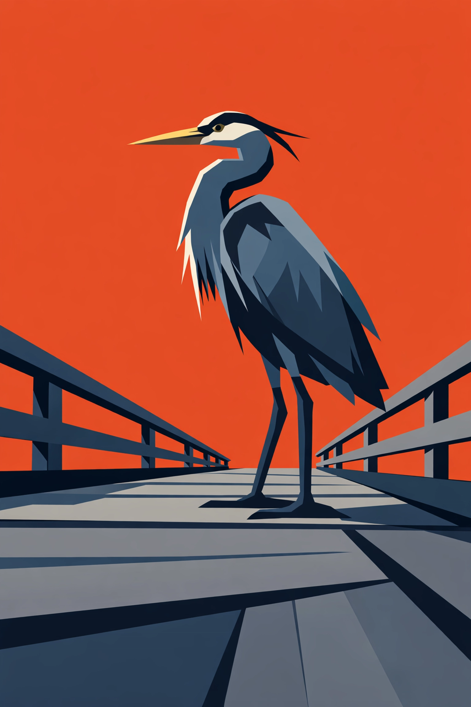 Stylized Great Blue Heron standing on an Everglades wooden boardwalk, ideal for bird photography tours.
