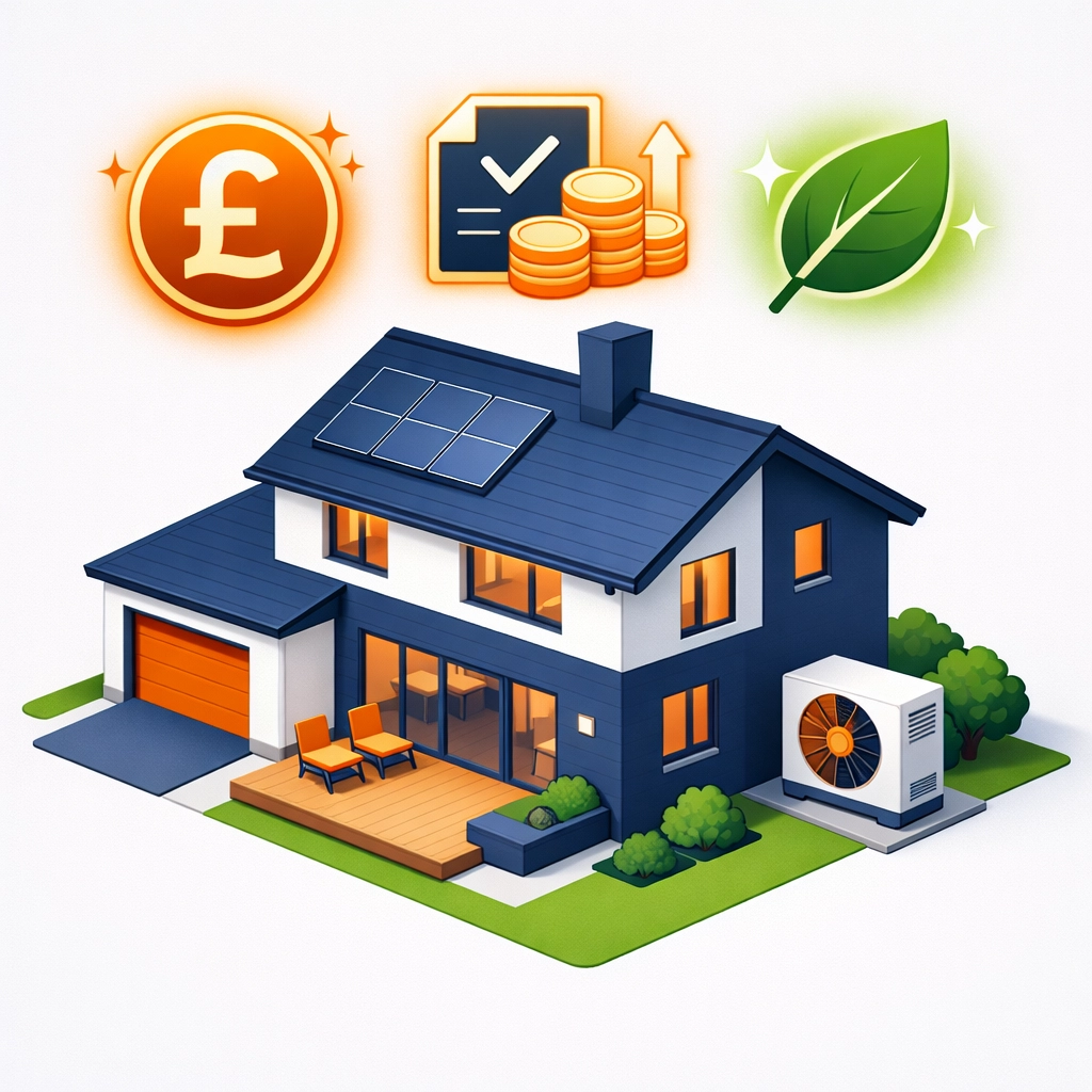 Illustration of an air source heat pump on a Surrey home highlighting energy efficiency and financial savings.