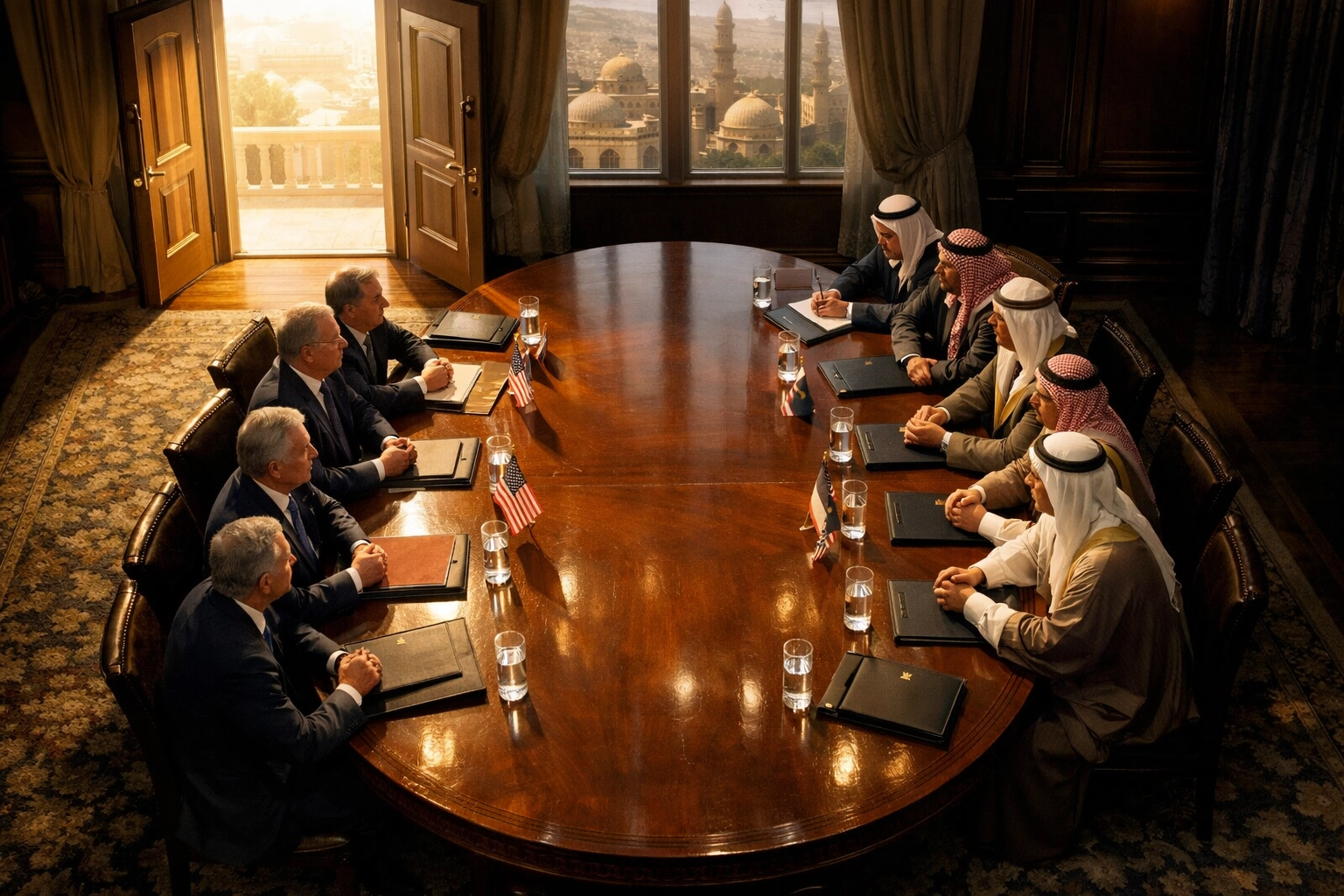 Diplomatic officials meeting around conference table for Middle East peace negotiations