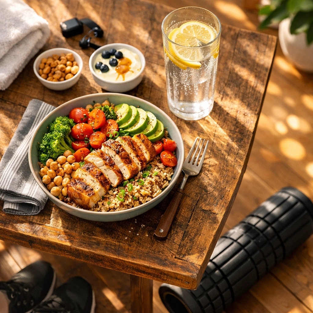 Nutrition and recovery tools used after completing a full body workout at home.