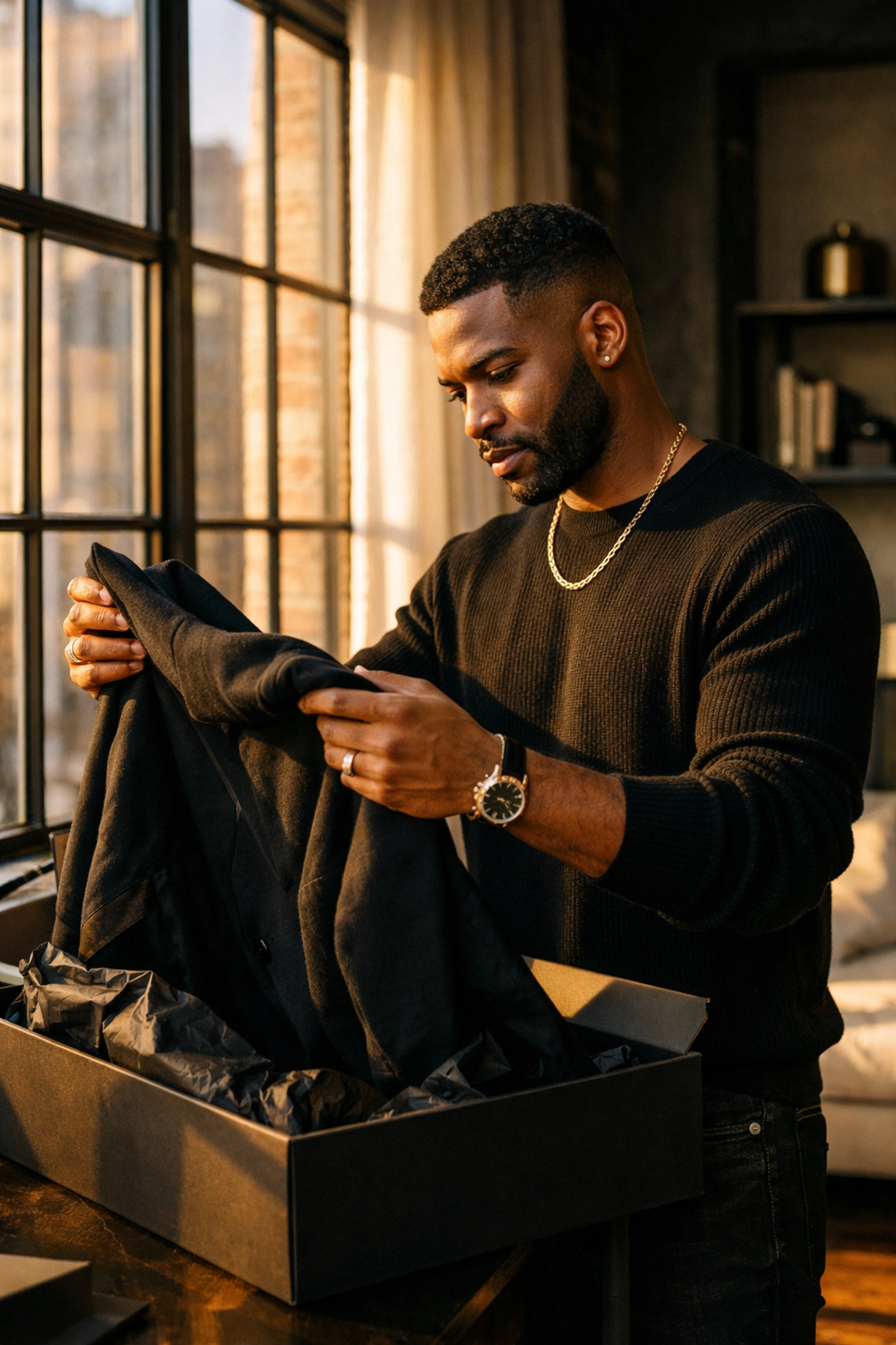 Why Buying Black Will Change the Way You Think About Your Daily Shopping Habits A stylish Black man in a modern loft examines a high-quality black garment from a Black-owned brand.