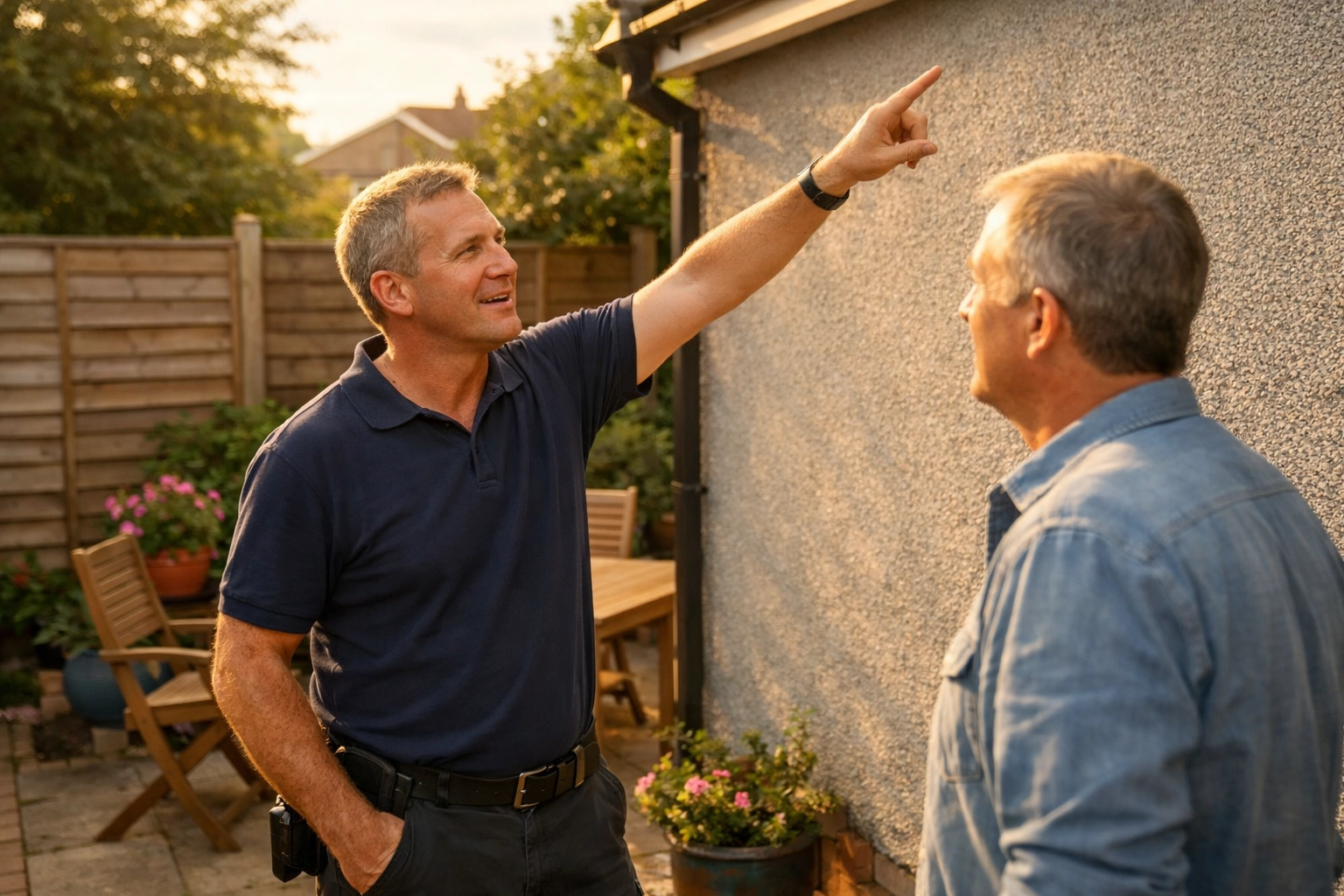 Security expert providing home security advice on legal CCTV installation in a residential garden.
