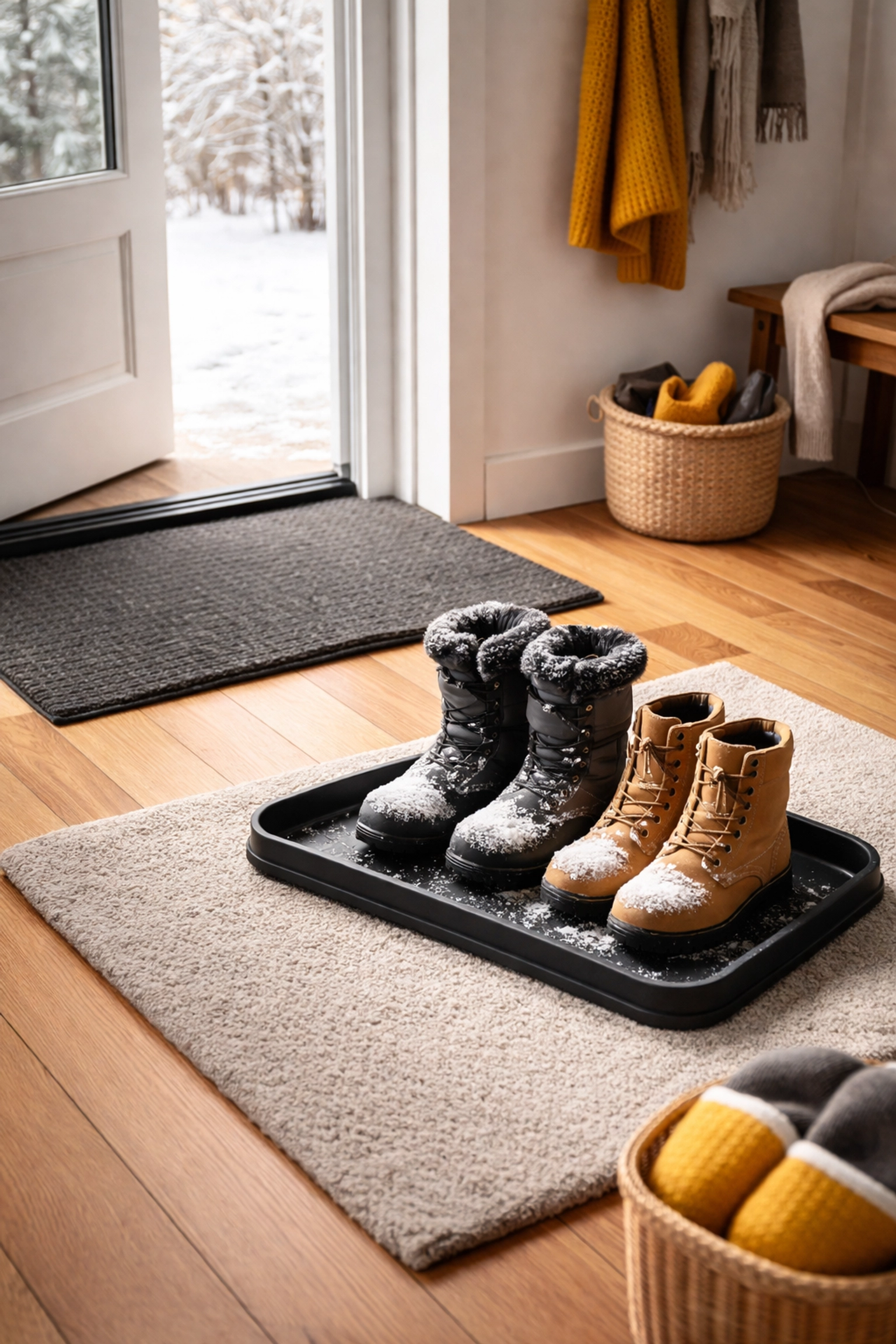 Organized home entryway with mats and boot tray protecting hardwood floors from winter salt and snow