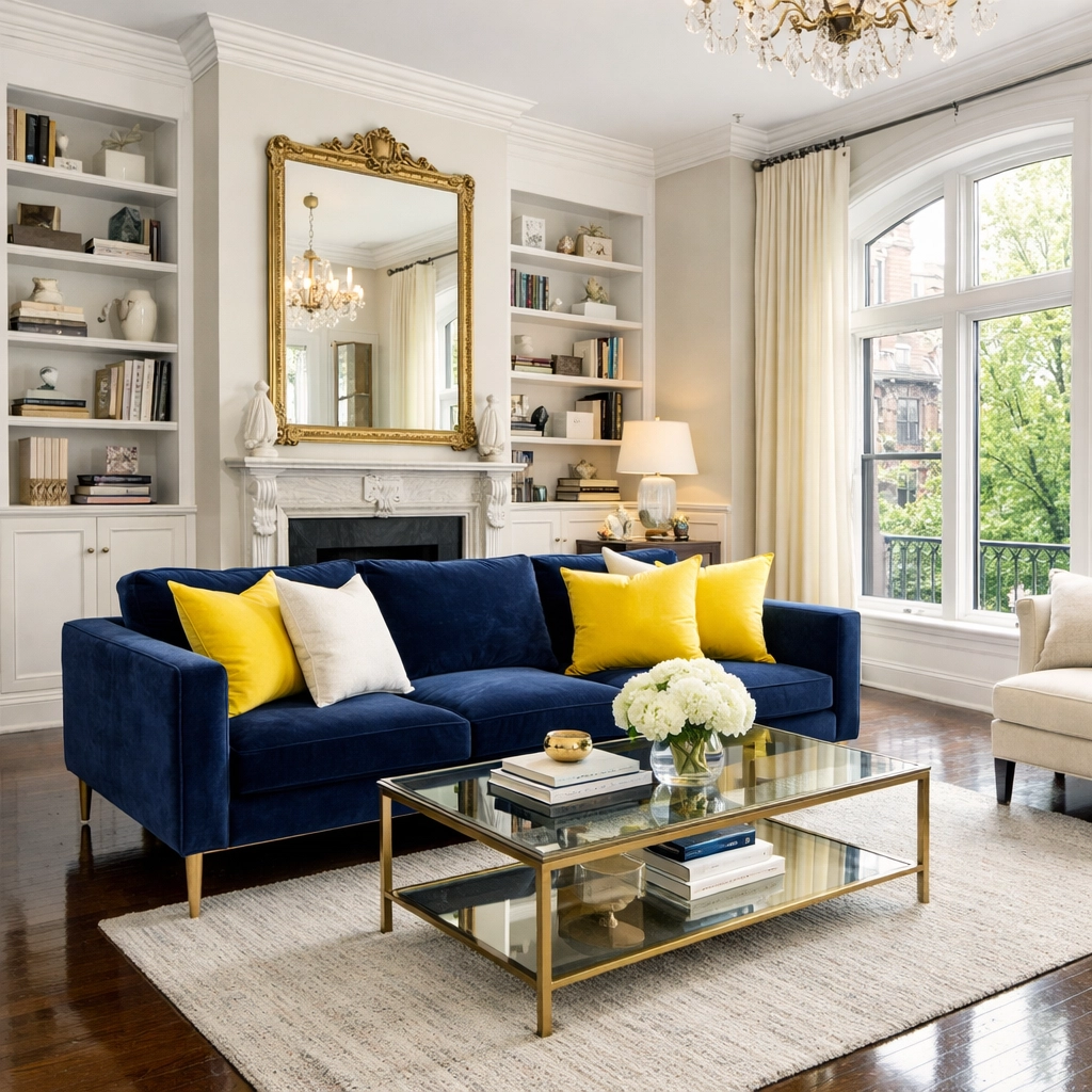 A spotless Boston brownstone living room with polished floors after a professional ninja-level house cleaning.
