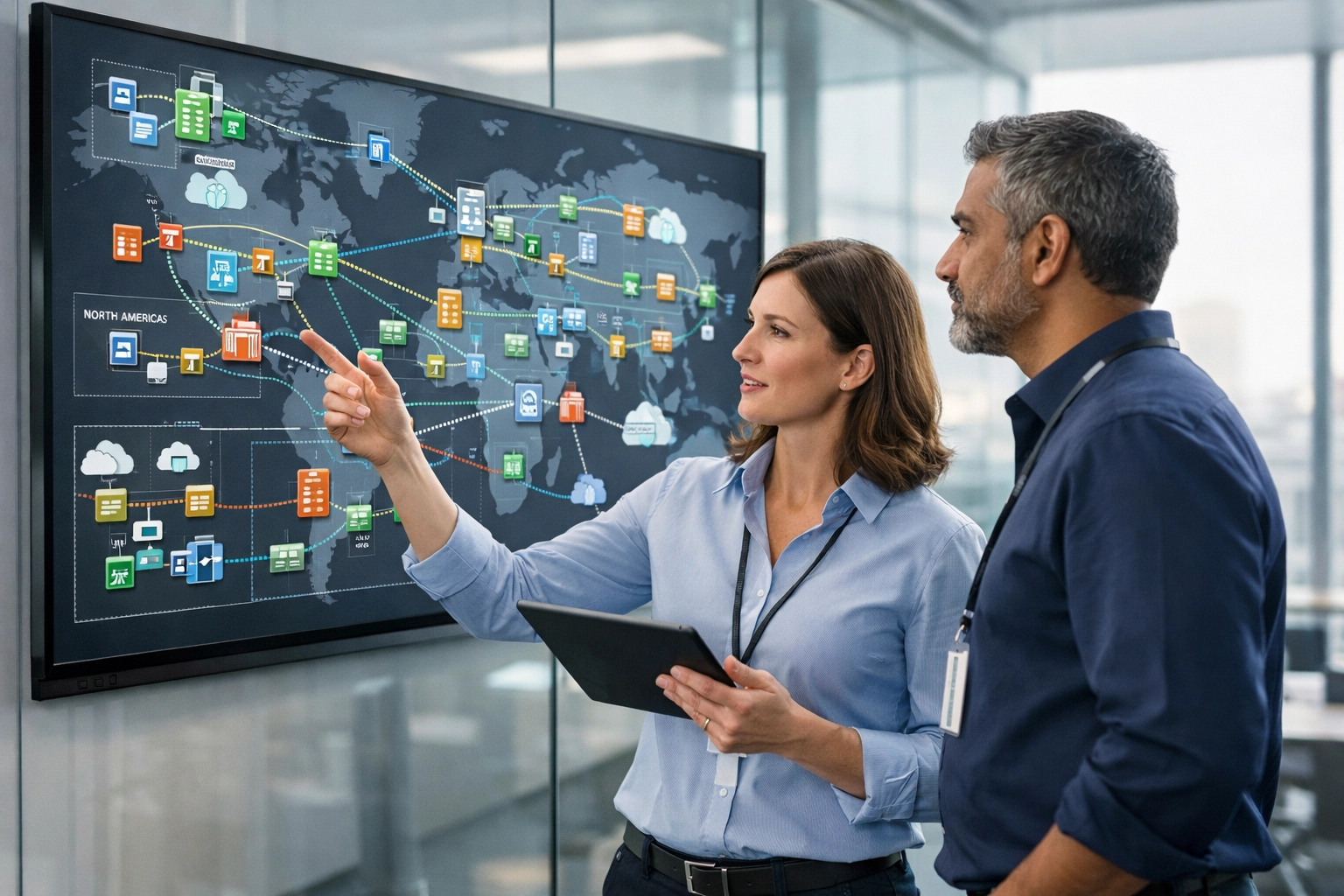 ServiceNow implementation partner consultants reviewing network maps for ITAM workflow optimization.