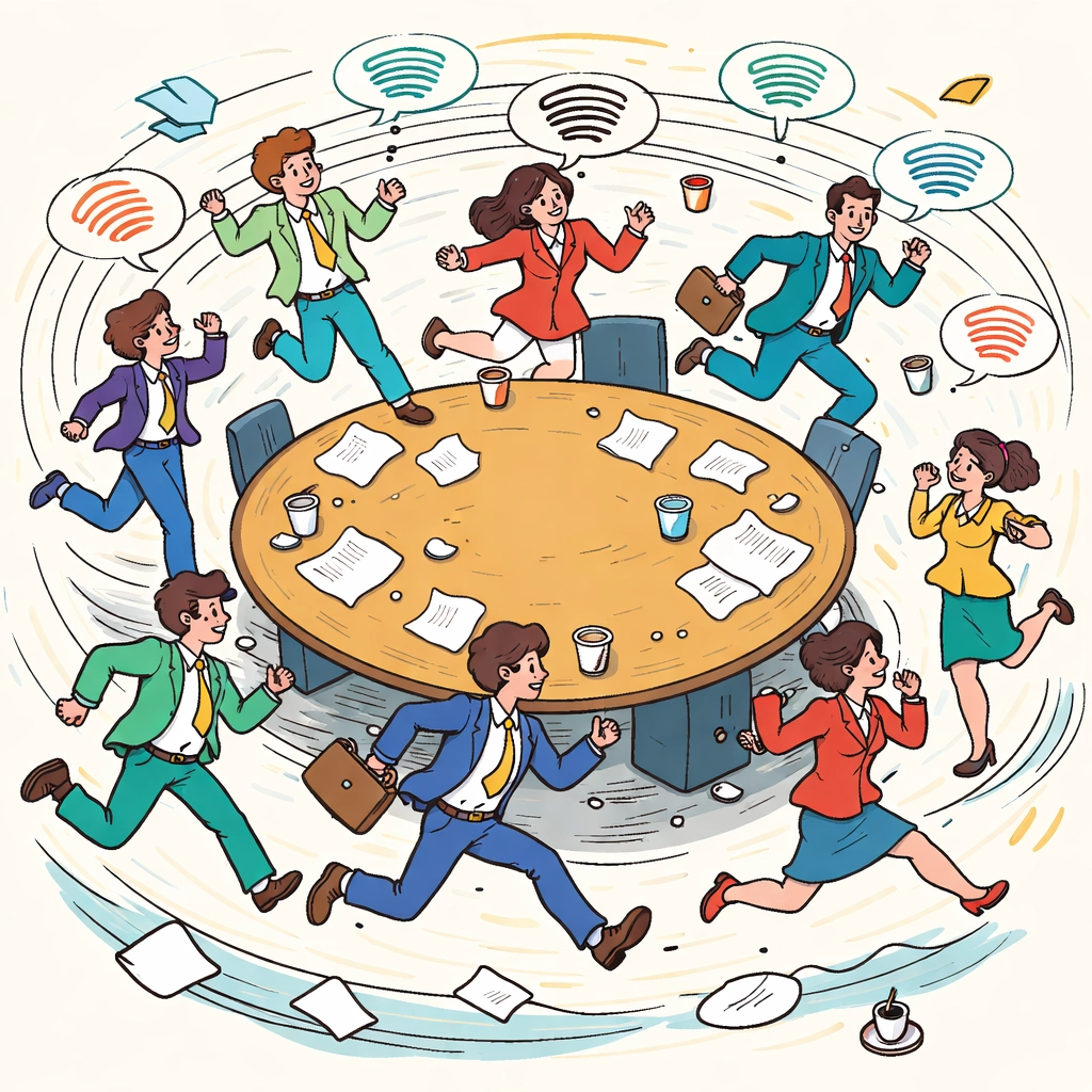 Cartoon business people running in circles around a meeting table, highlighting inefficiency in Teams channels and managed IT services Phoenix.