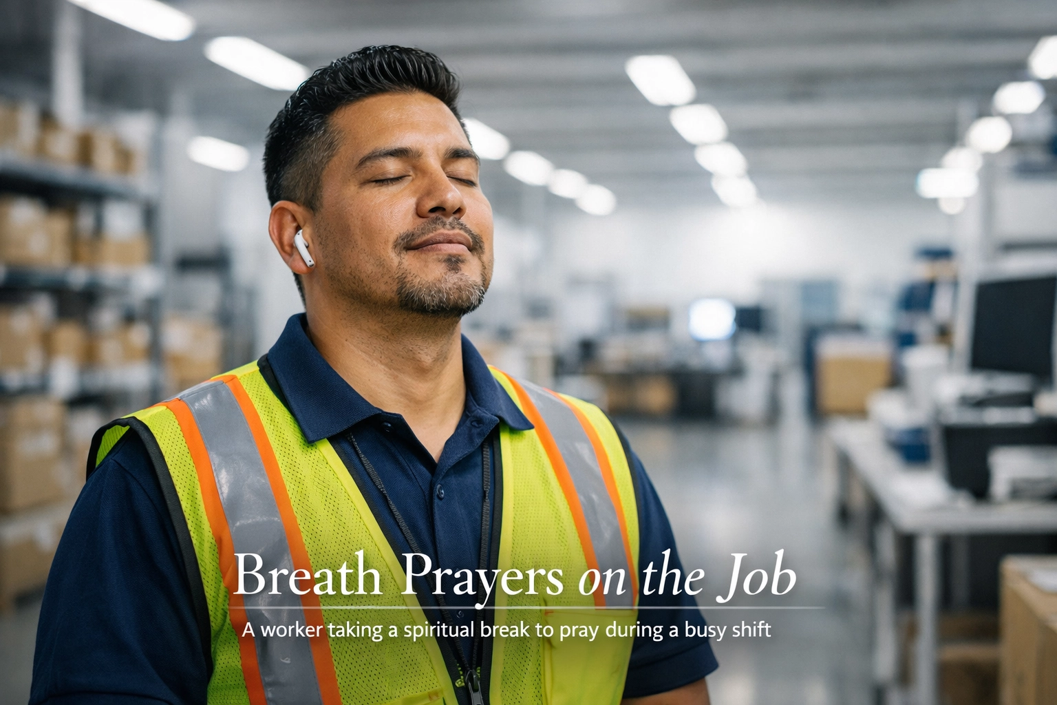 A warehouse shift worker pausing for a breath prayer to stay spiritually alert on the job.