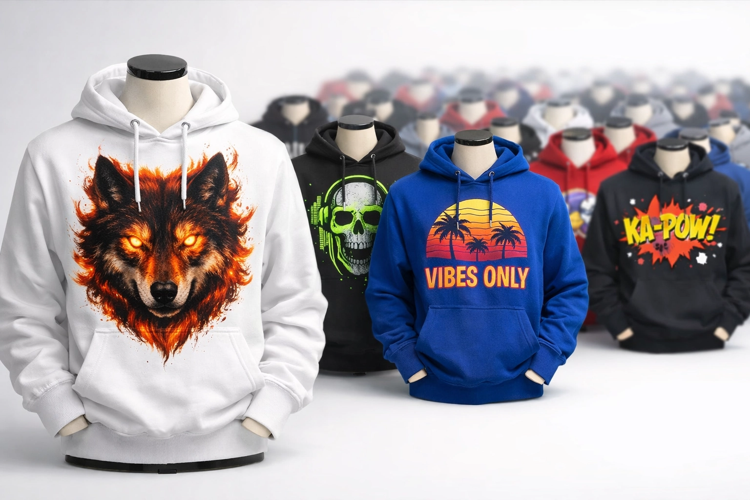 Custom hoodies displayed from one piece to hundreds showing scalable production quality