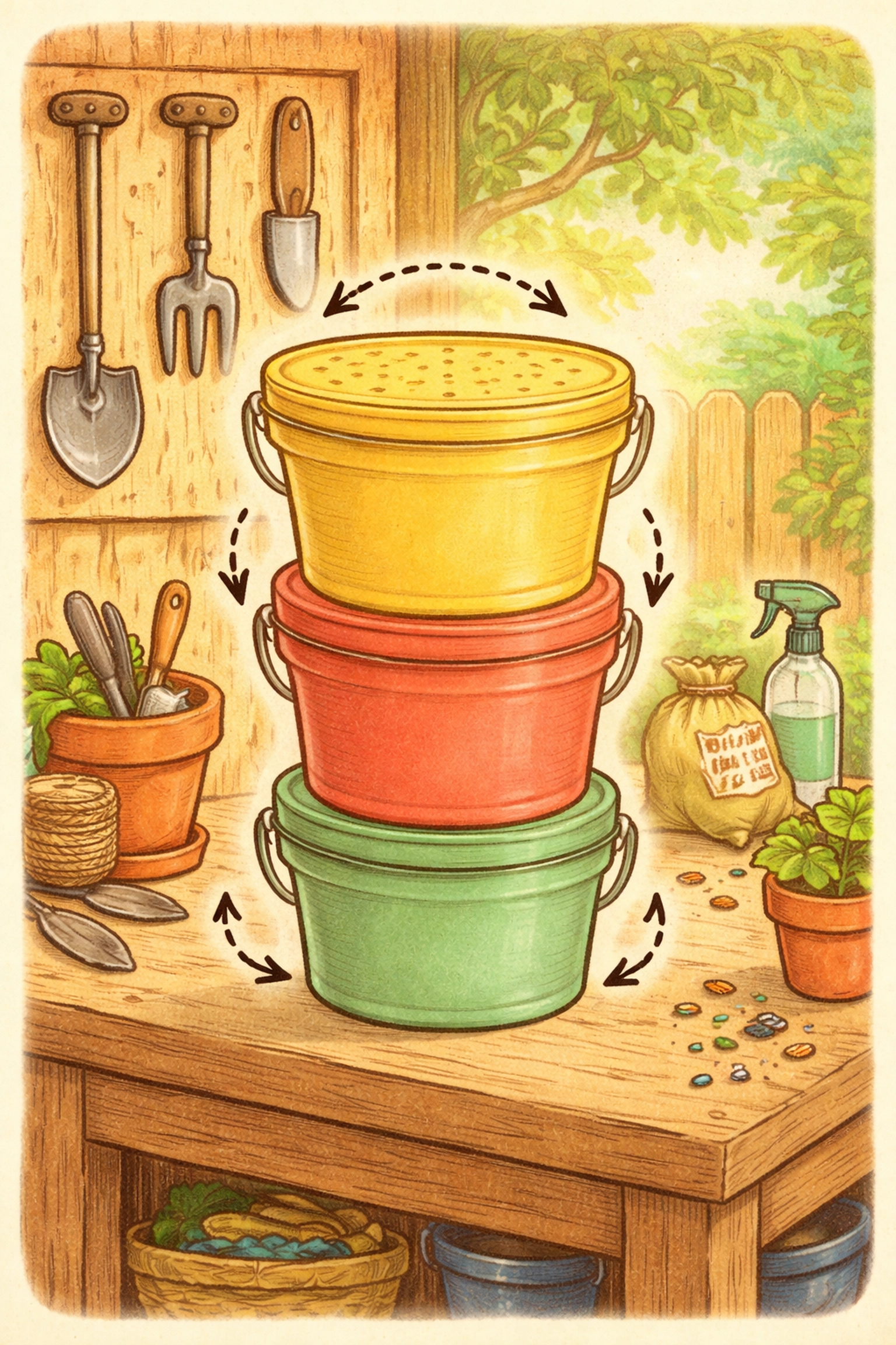 Illustration of three buckets stacked as a completed worm hotel with garden tools in a cozy garage background