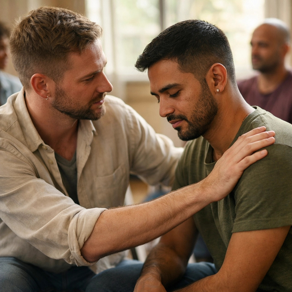 Gay men sharing support in LGBTQ+ recovery group circle