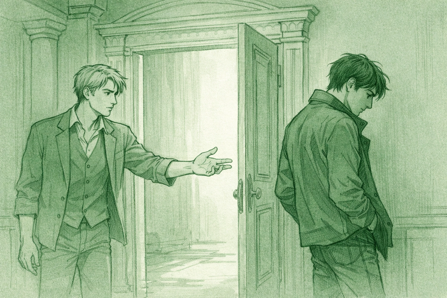 Two men separated by manor doorway showing emotional conflict in gay psychological thriller novel