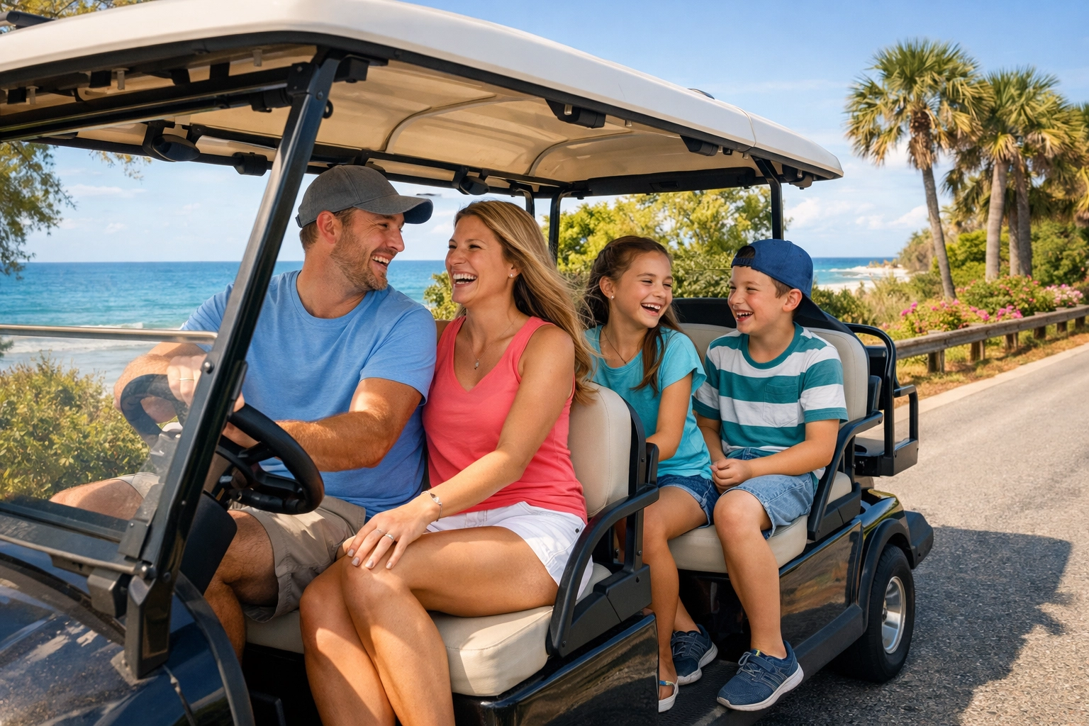 Family riding in a 6-passenger street legal golf cart along the scenic coastal roads of Venice, Florida.