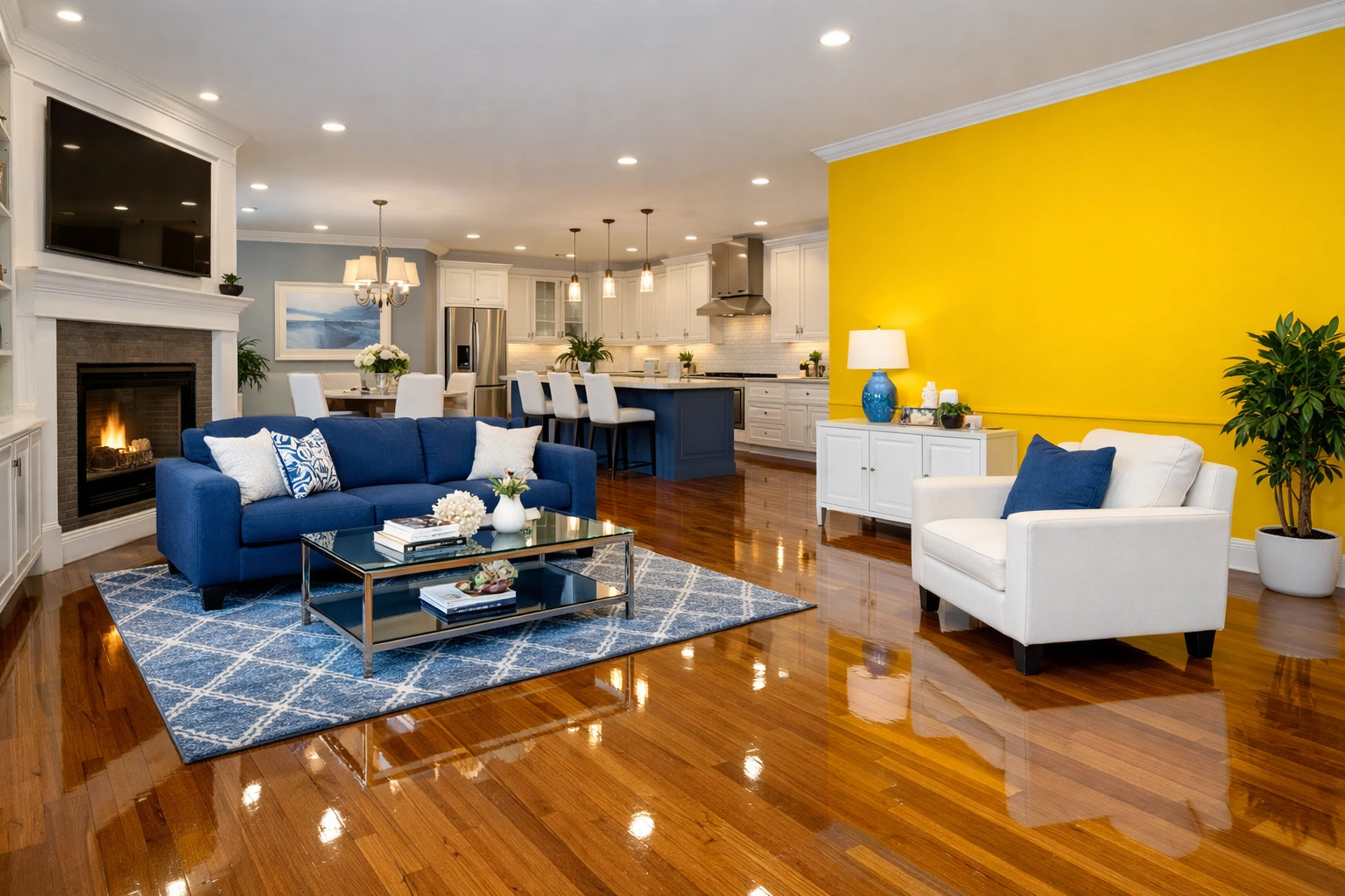 Spotless living room featuring polished floors after scheduled weekly house cleaning in Leominster MA.