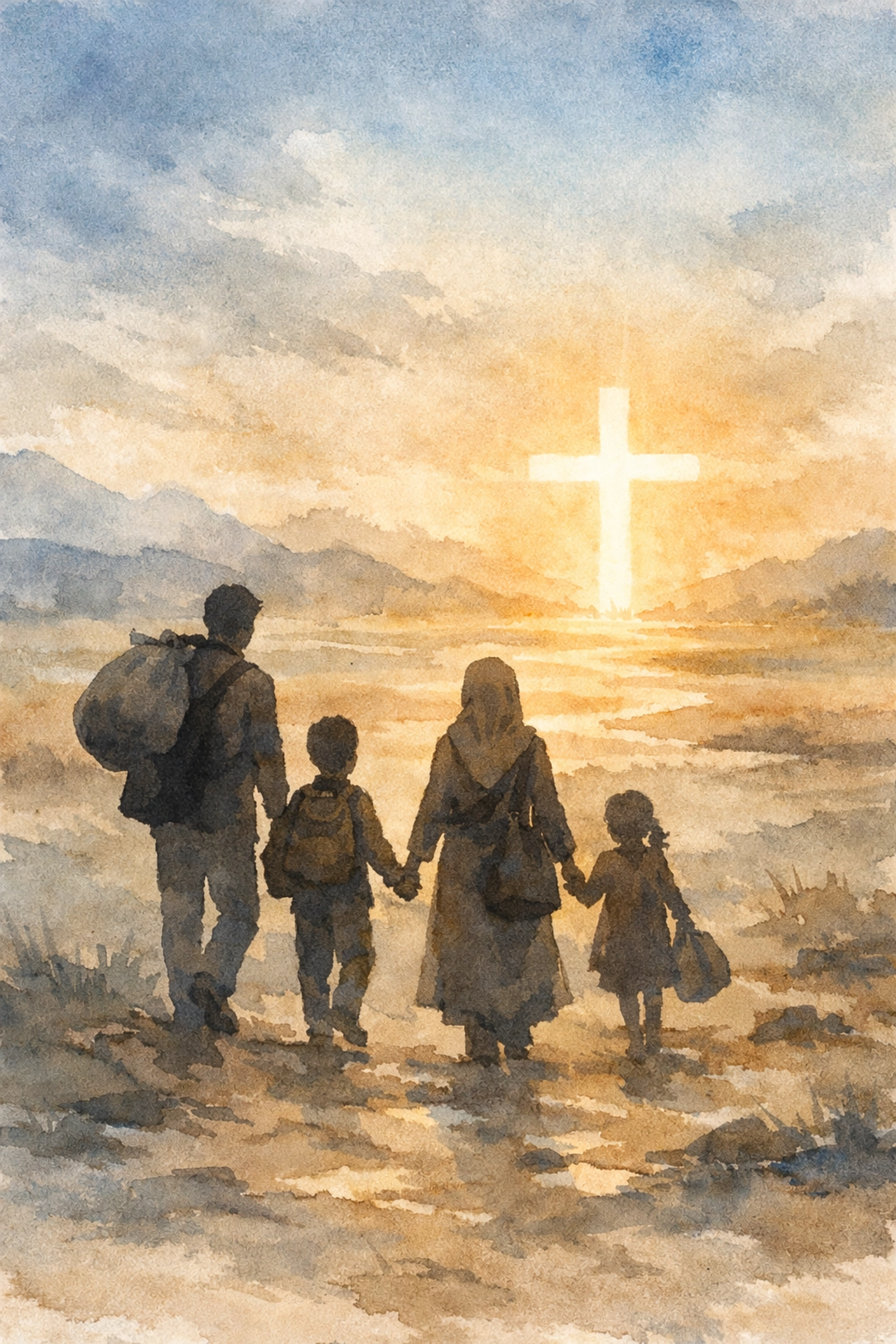Family walking toward cross light symbolizing refugee journey and Christian compassion