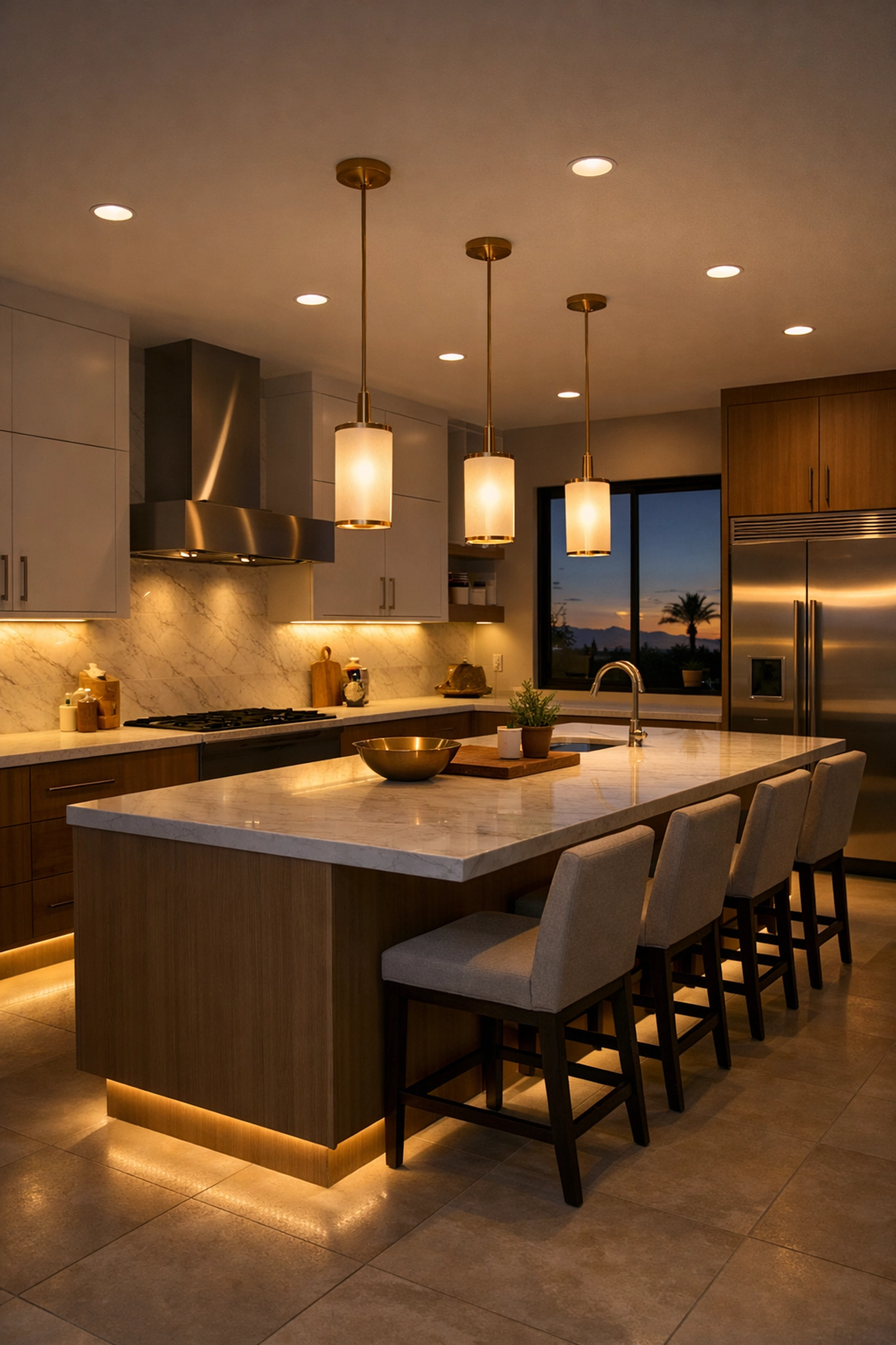 Layered kitchen lighting design with under-cabinet and pendant lights