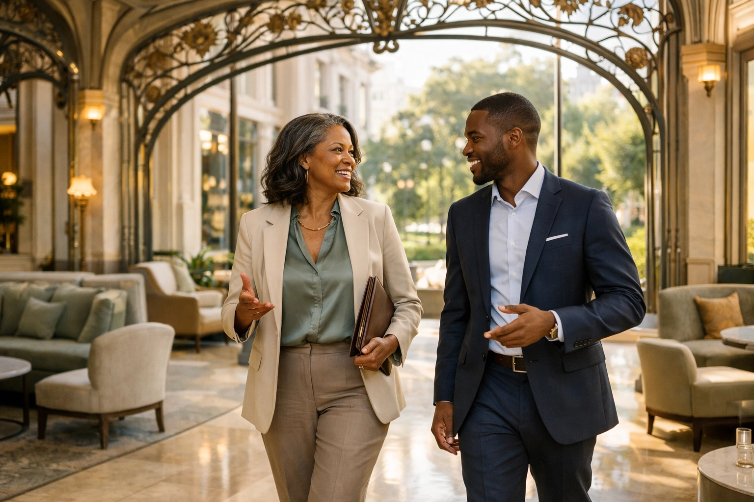 Restaurant consultants discussing the Ken Fulk design in the Huntington Hotel lobby on Nob Hill.