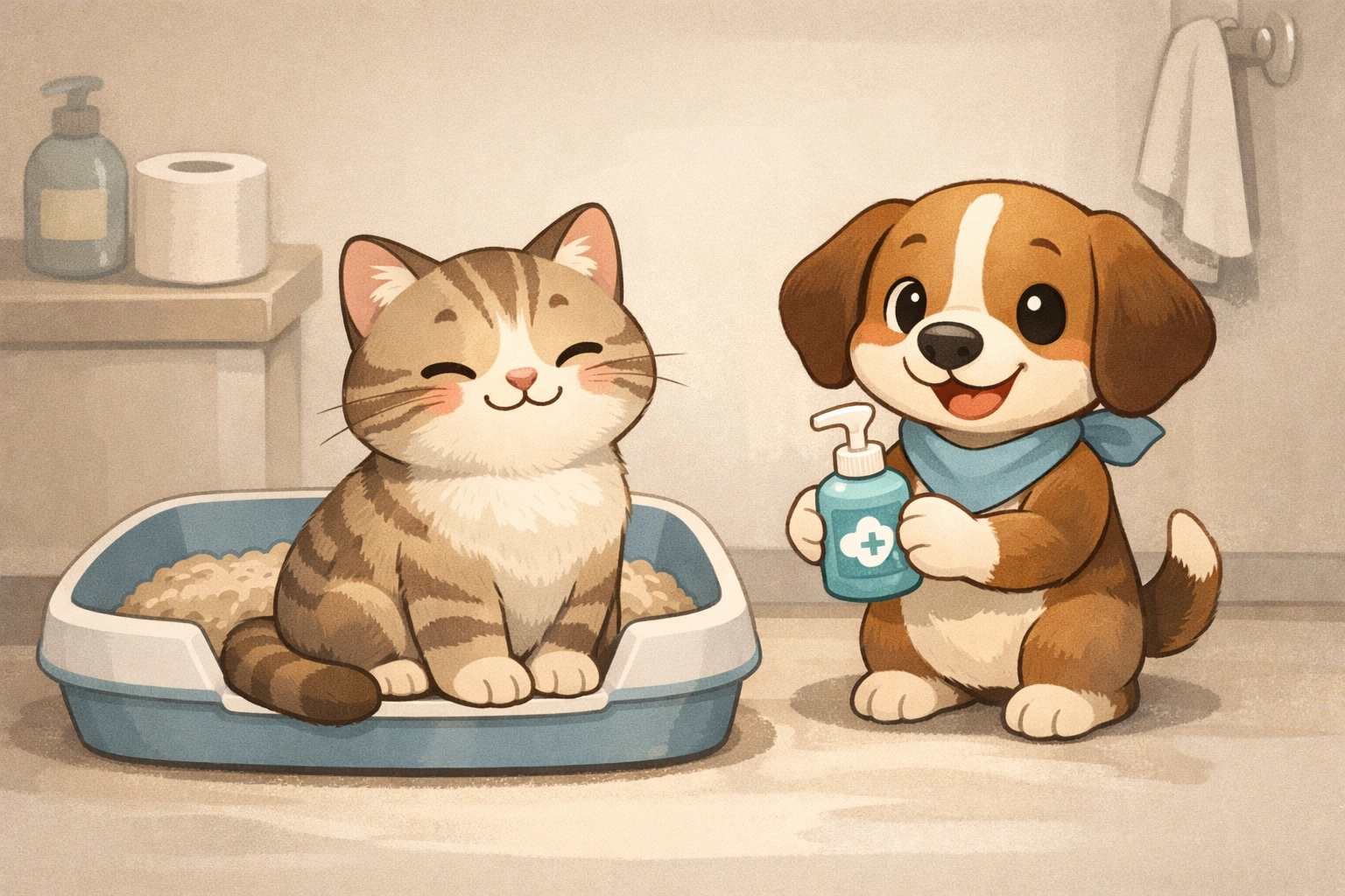 Cat beside litter box with hand soap showing proper hygiene for raw feeding cats