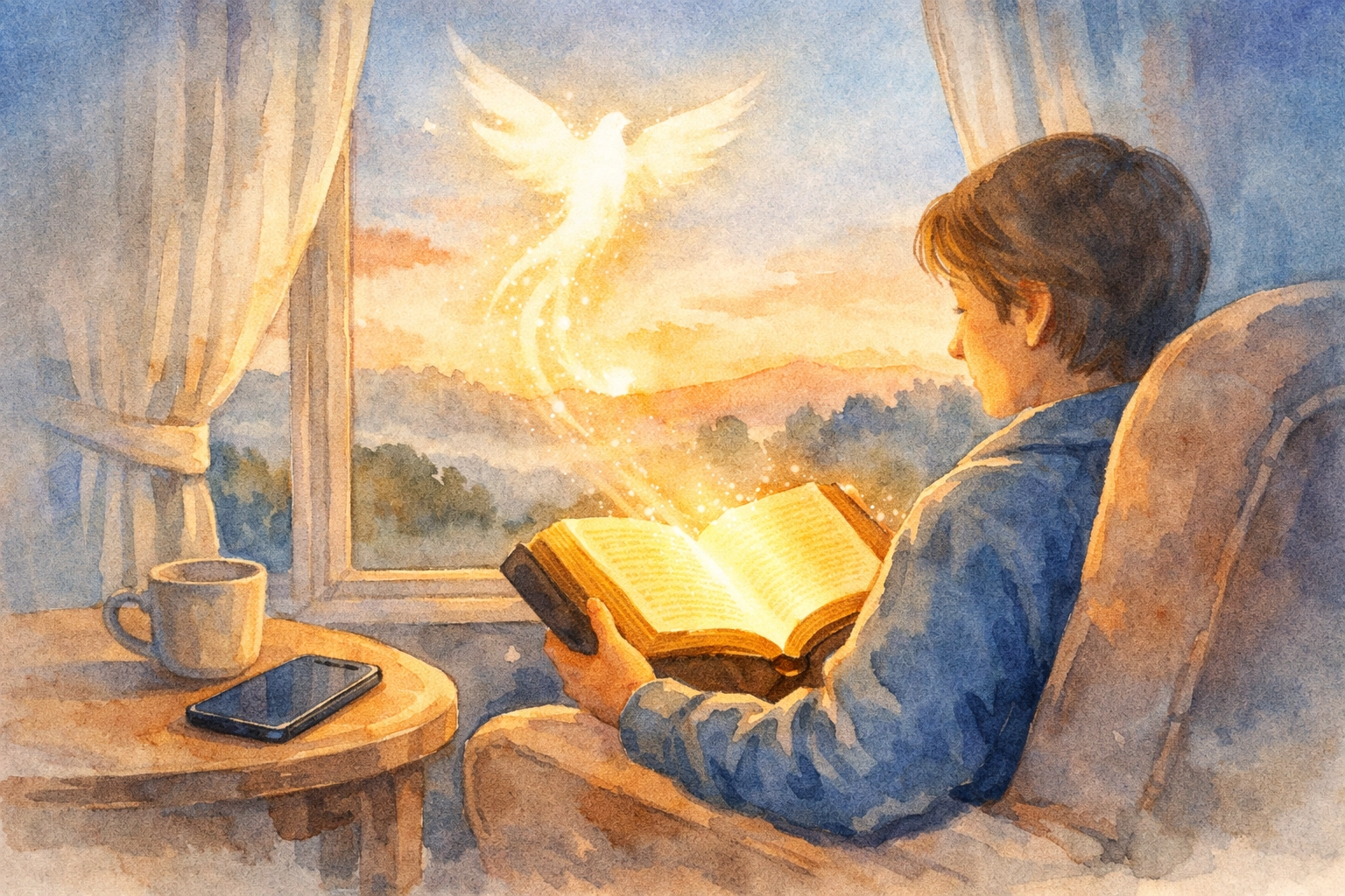 Person reading Bible peacefully at dawn with phone set aside for morning devotion